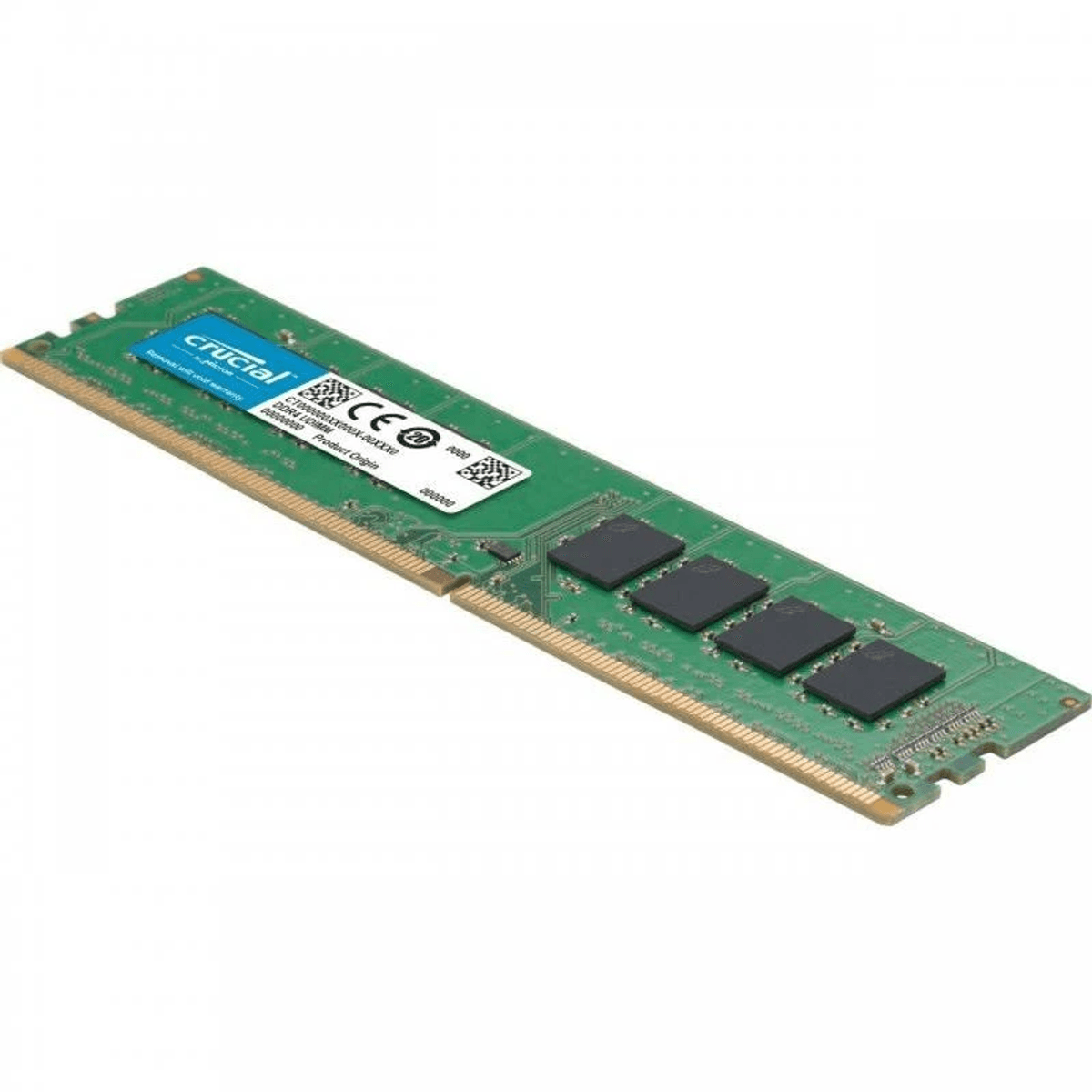 Un módulo RAM UDIMM DDR4 verde Crucial con cuatro chips de memoria negros.
