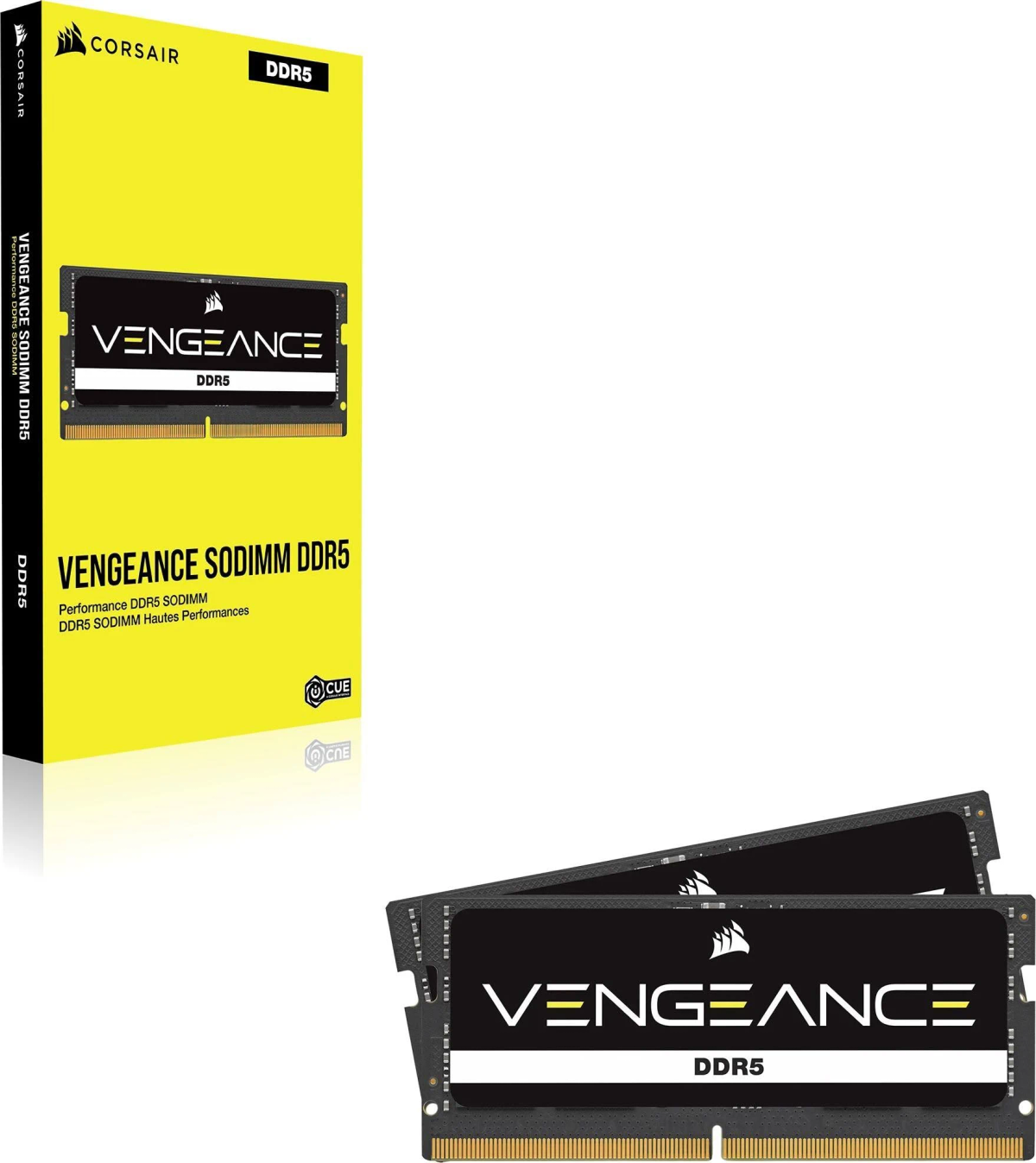 Corsair Vengeance DDR5 RAM-Riegel und Verpackung auf weißem Hintergrund.