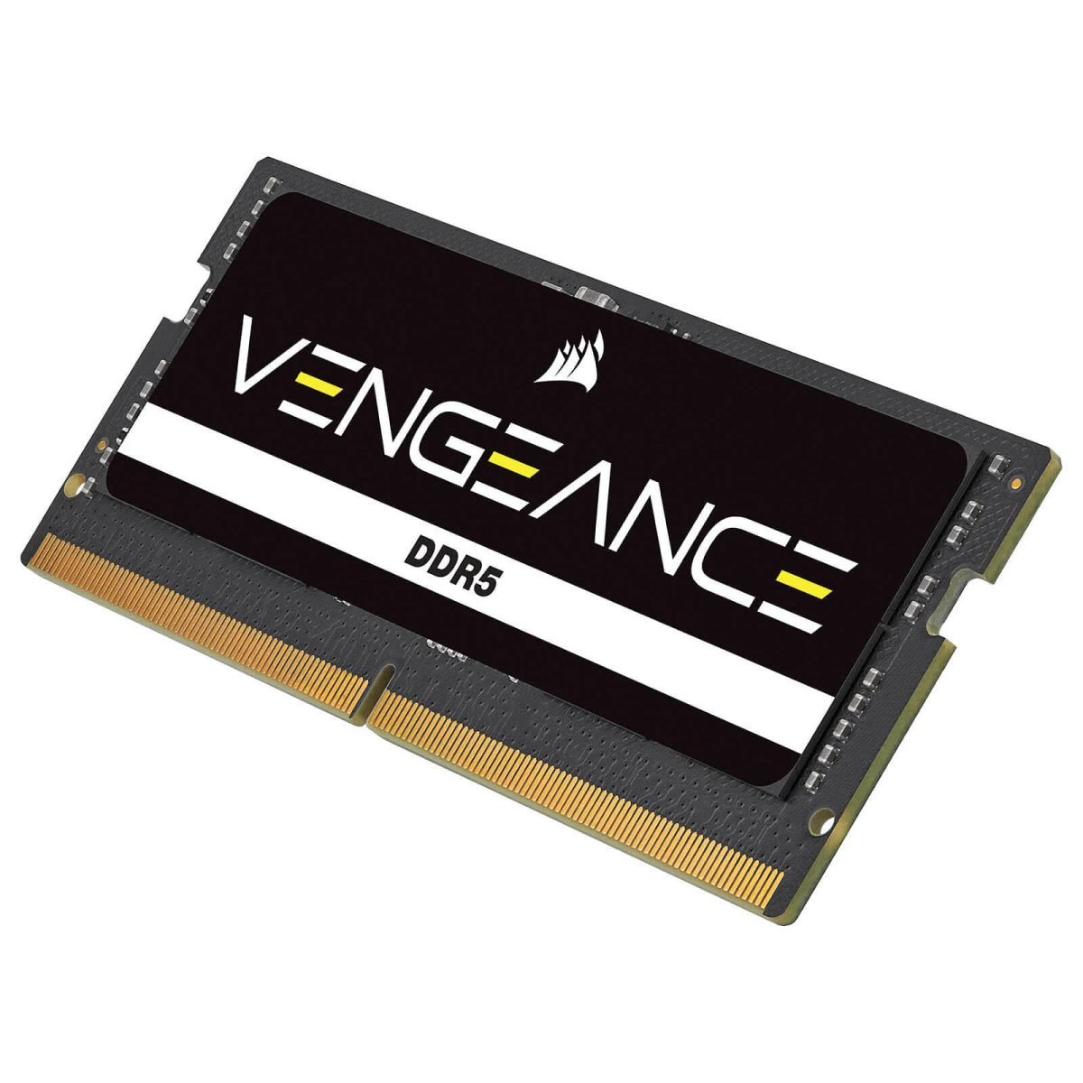 Ein schwarzes DDR5 RAM-Modul mit VENGEANCE-Logo und goldenen Pins auf weißem Grund.