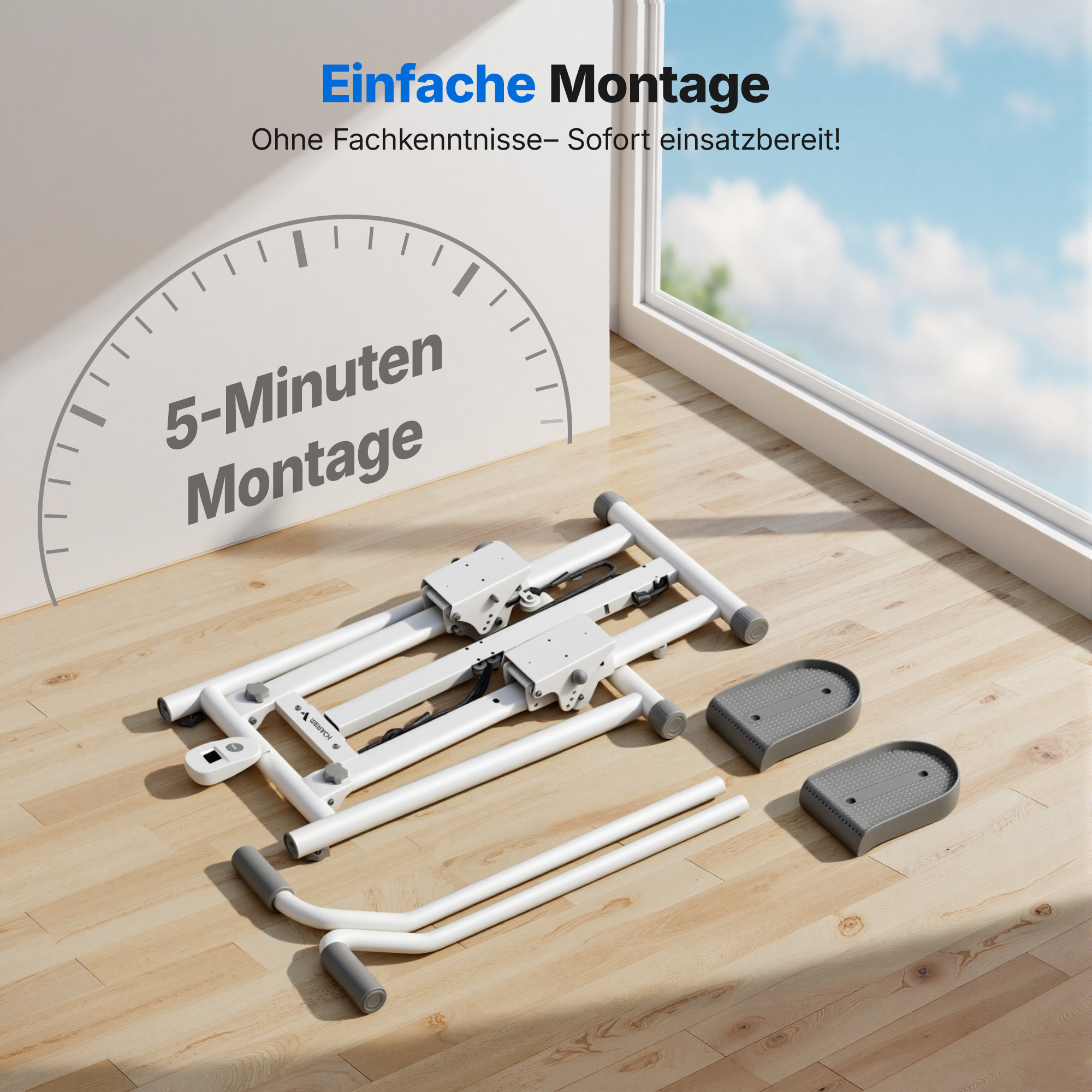 Ein weißer Heimtrainer liegt zerlegt auf einem Holzboden, neben einer Uhrgrafik.