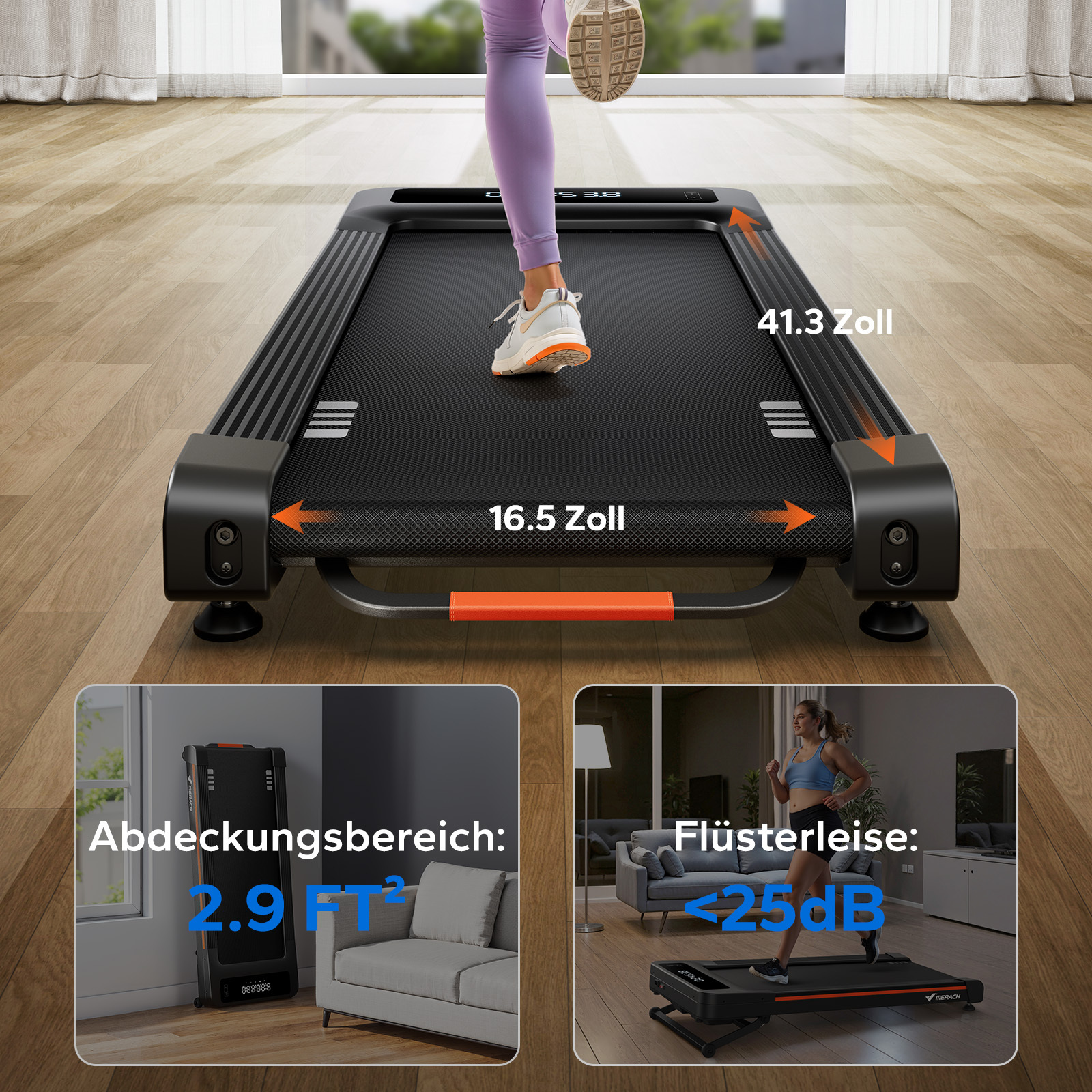 Person läuft auf Laufband. Maße: 41,3 Zoll, 16,5 Zoll. Abdeckung 2,9 ft².