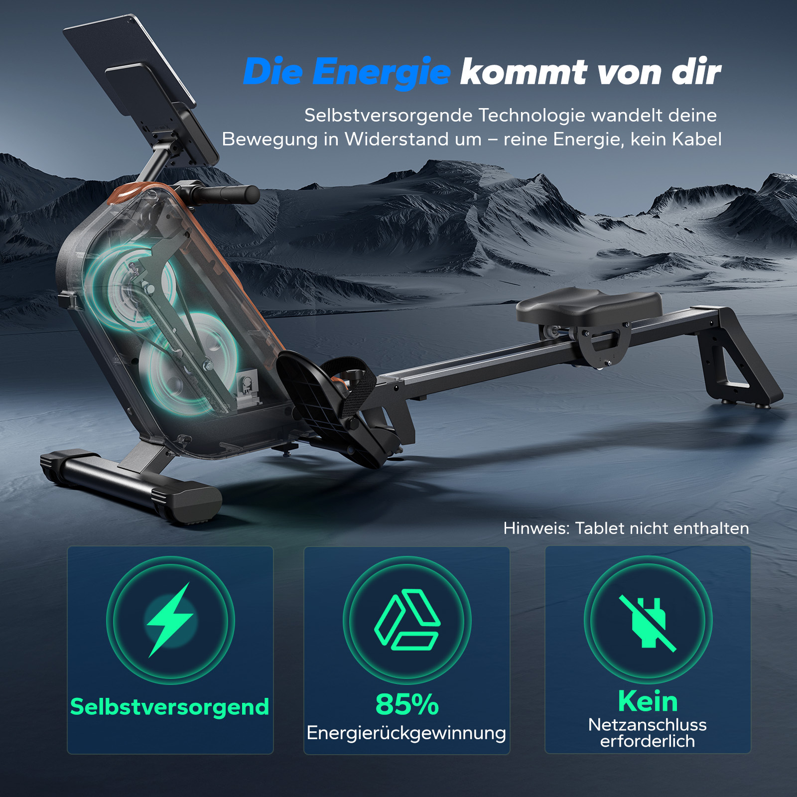 Rudergerät mit sichtbarem Generator, Selbstversorgung, 85% Energierückgewinnung.
