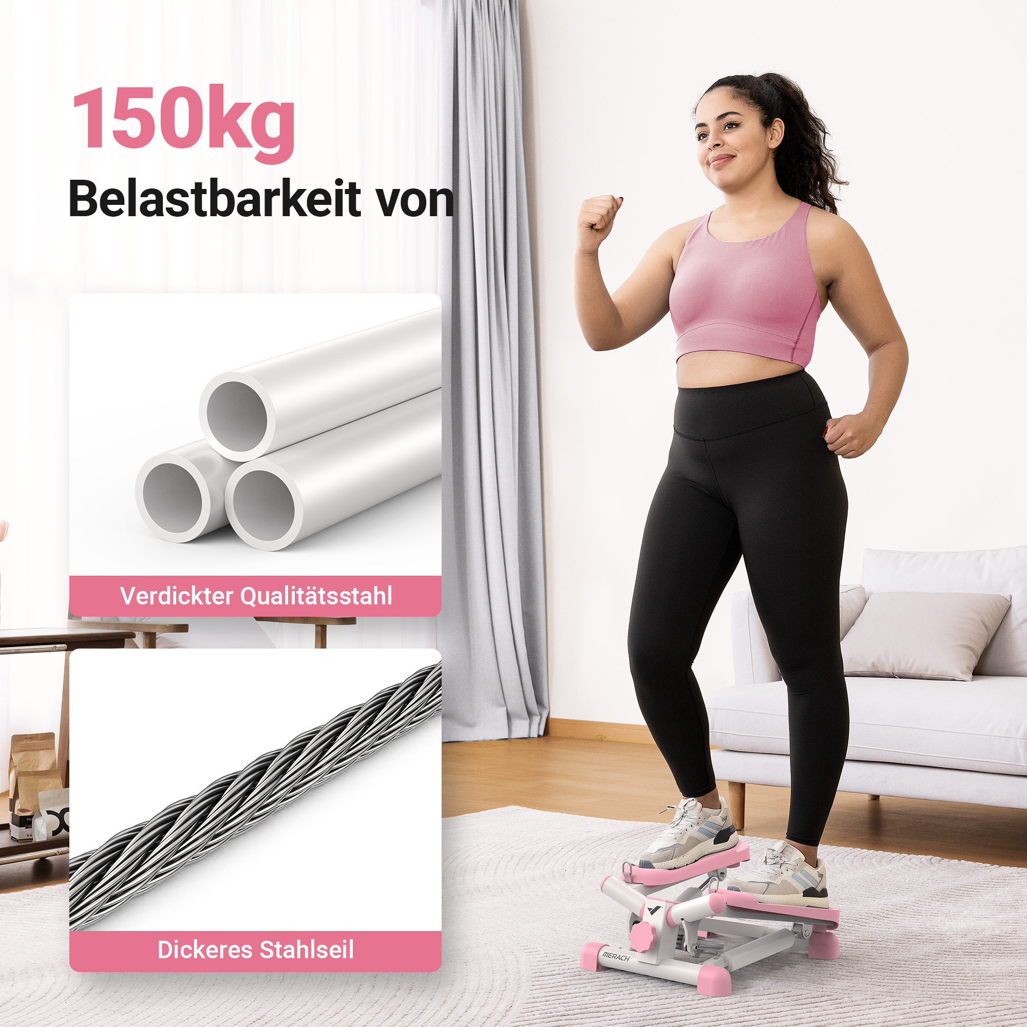 Eine Frau trainiert auf einem Stepper mit 150 kg Tragfähigkeit, Stahlseil.