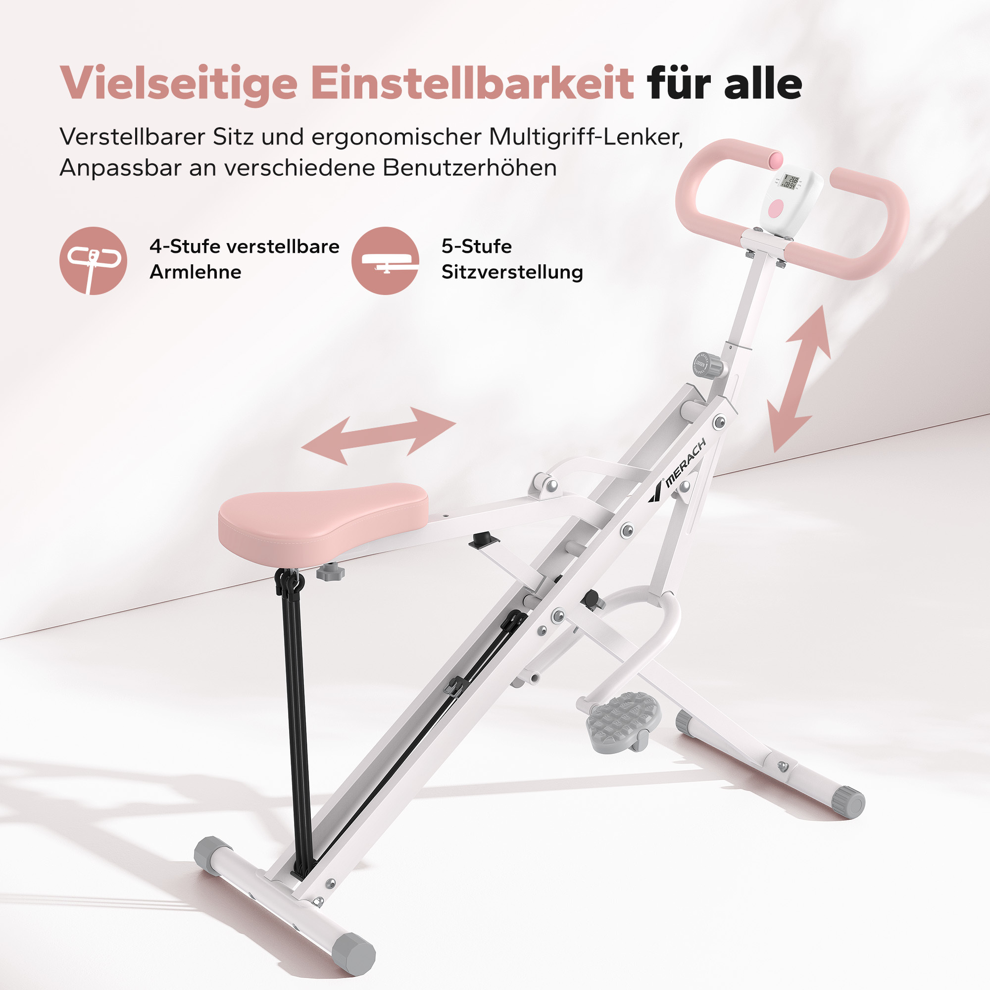 Ein pinker und weißer Heimtrainer mit verstellbarem Sitz und Lenker.