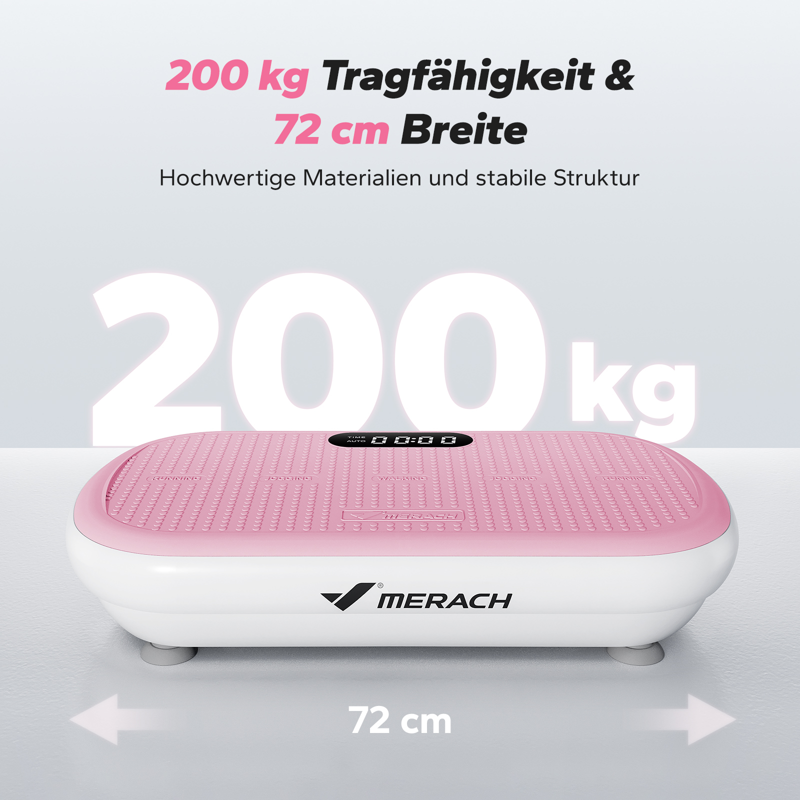 Eine rosa Vibrationsplatte mit der Aufschrift 200 kg und 72 cm Breite.