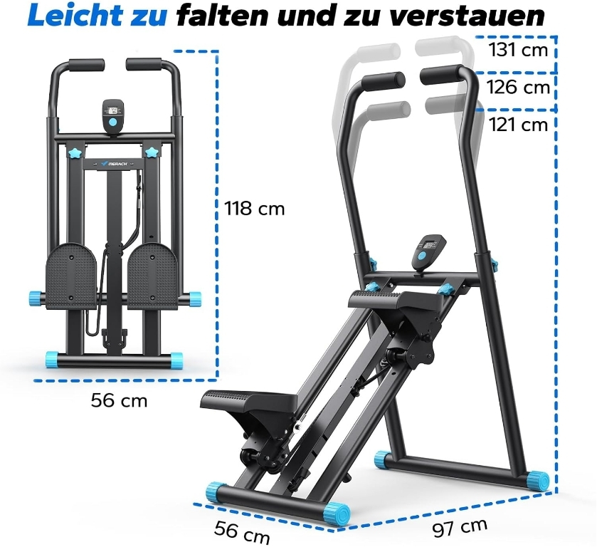Schwarzes Trainingsgerät mit blauen Akzenten, Maße sind angegeben.