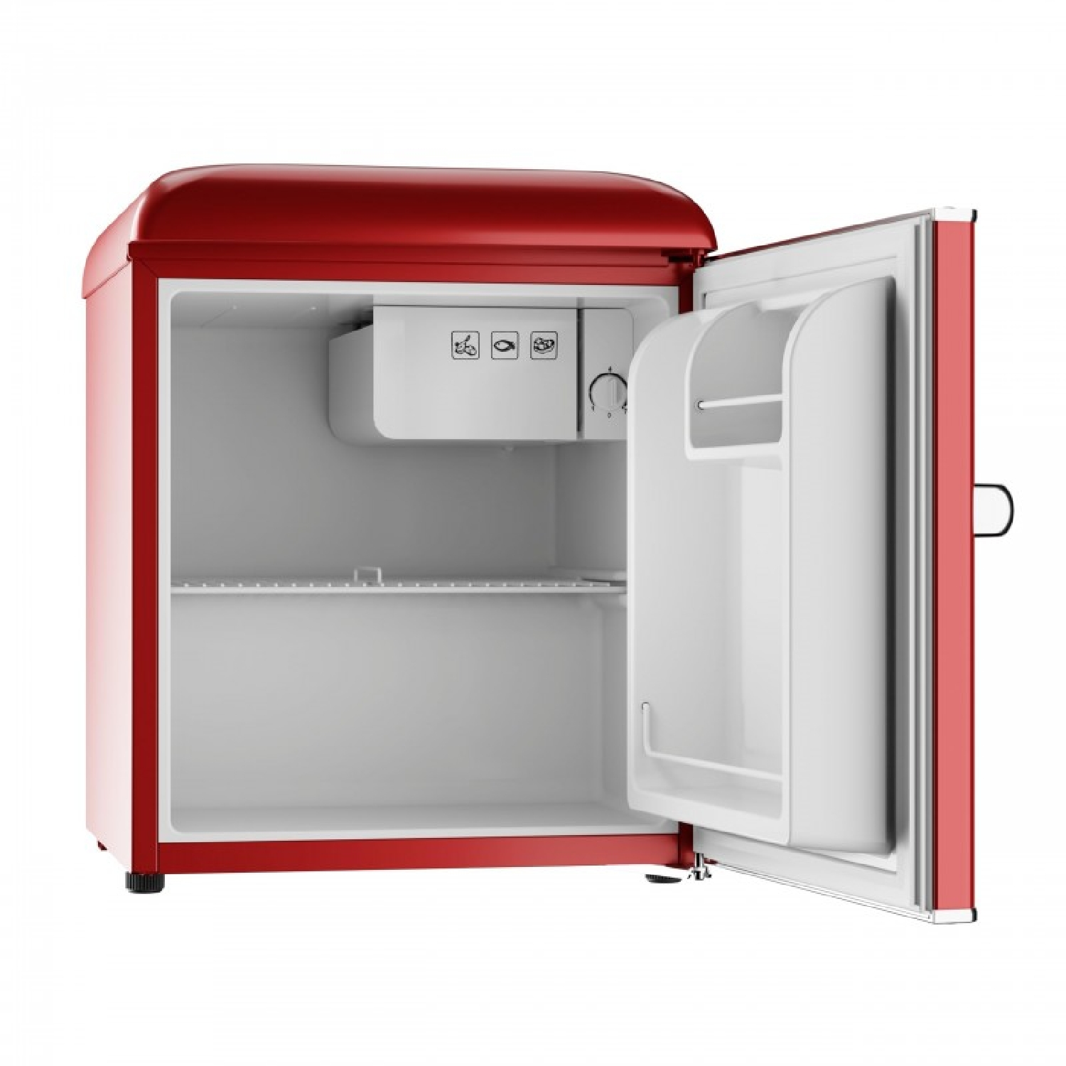 Un minirrefrigerador rojo con la puerta abierta, vacío por dentro.