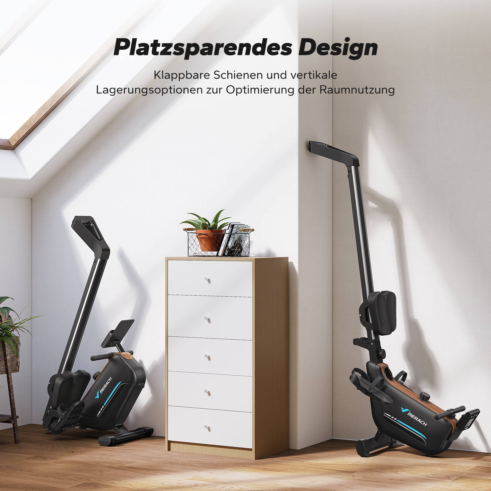 Zwei schwarze Heimtrainer stehen in einem Raum mit Holzboden und Kommode.