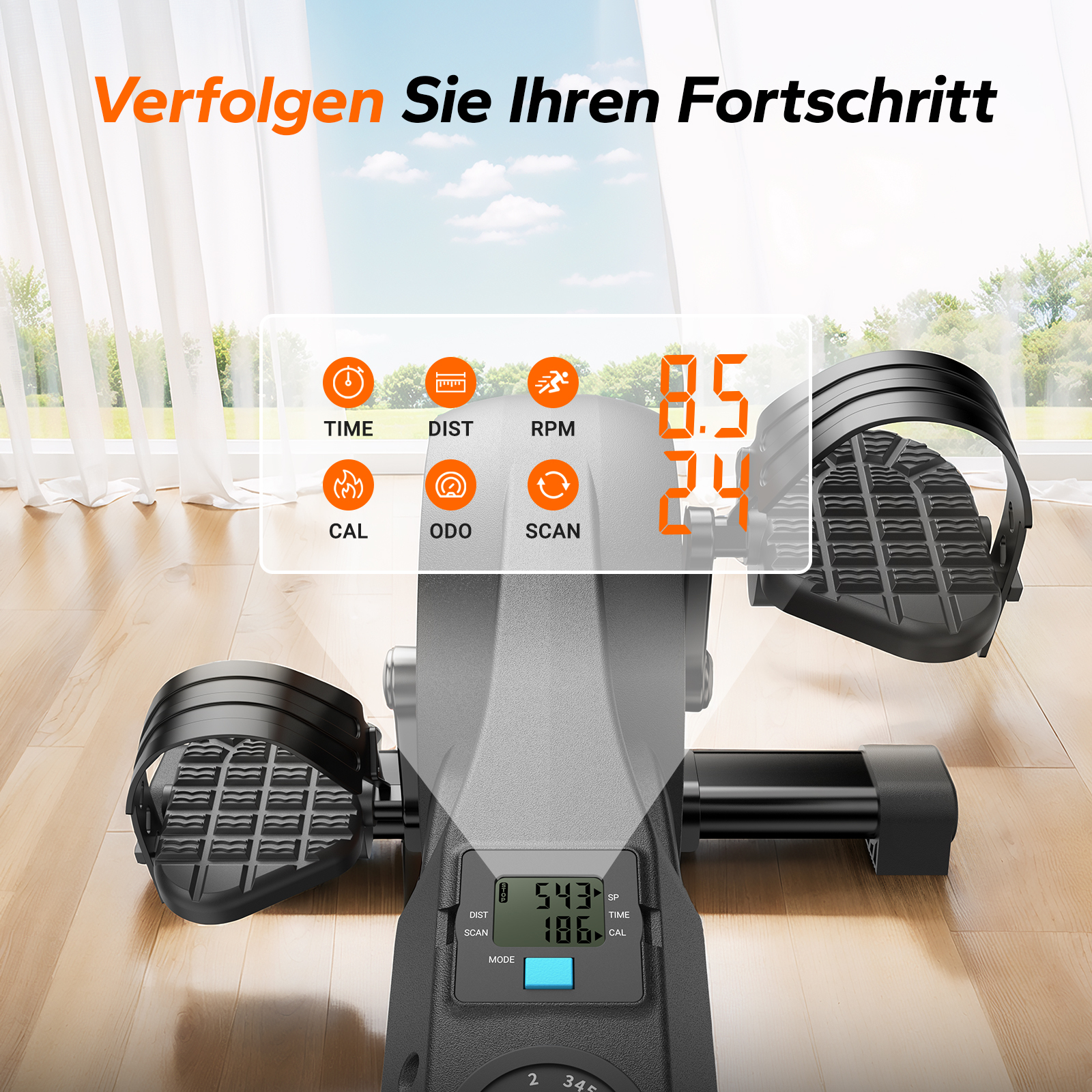 Ein Heimtrainer mit Display zeigt Zeit, Distanz, Umdrehungen, Kalorien und mehr an.