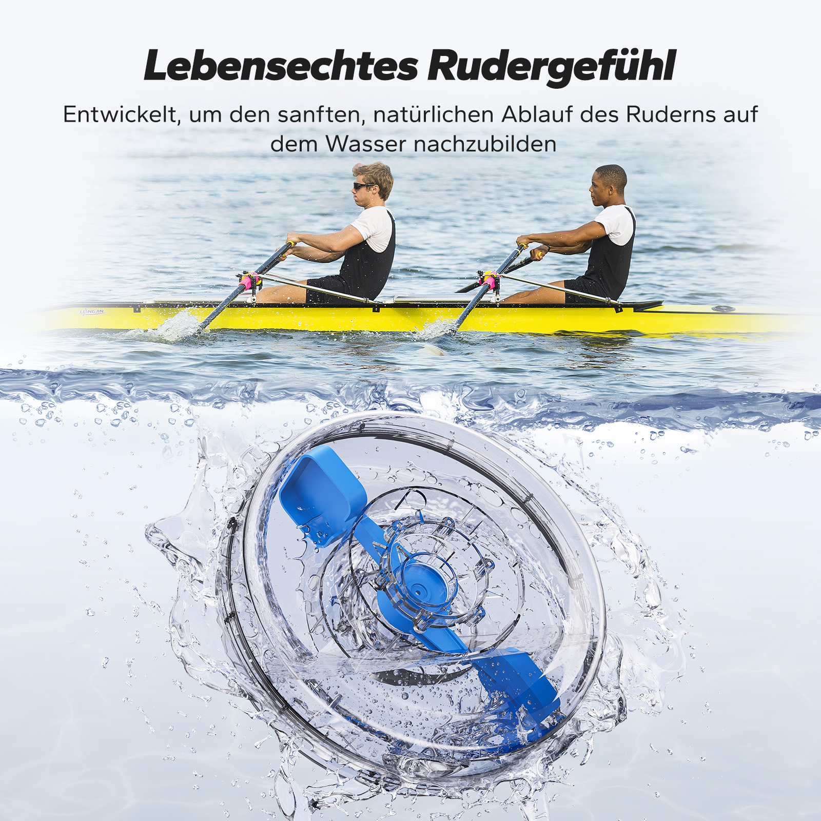 Zwei Ruderer in einem gelben Boot über Wasser, darunter ein blaues Propellerteil in Wasser.