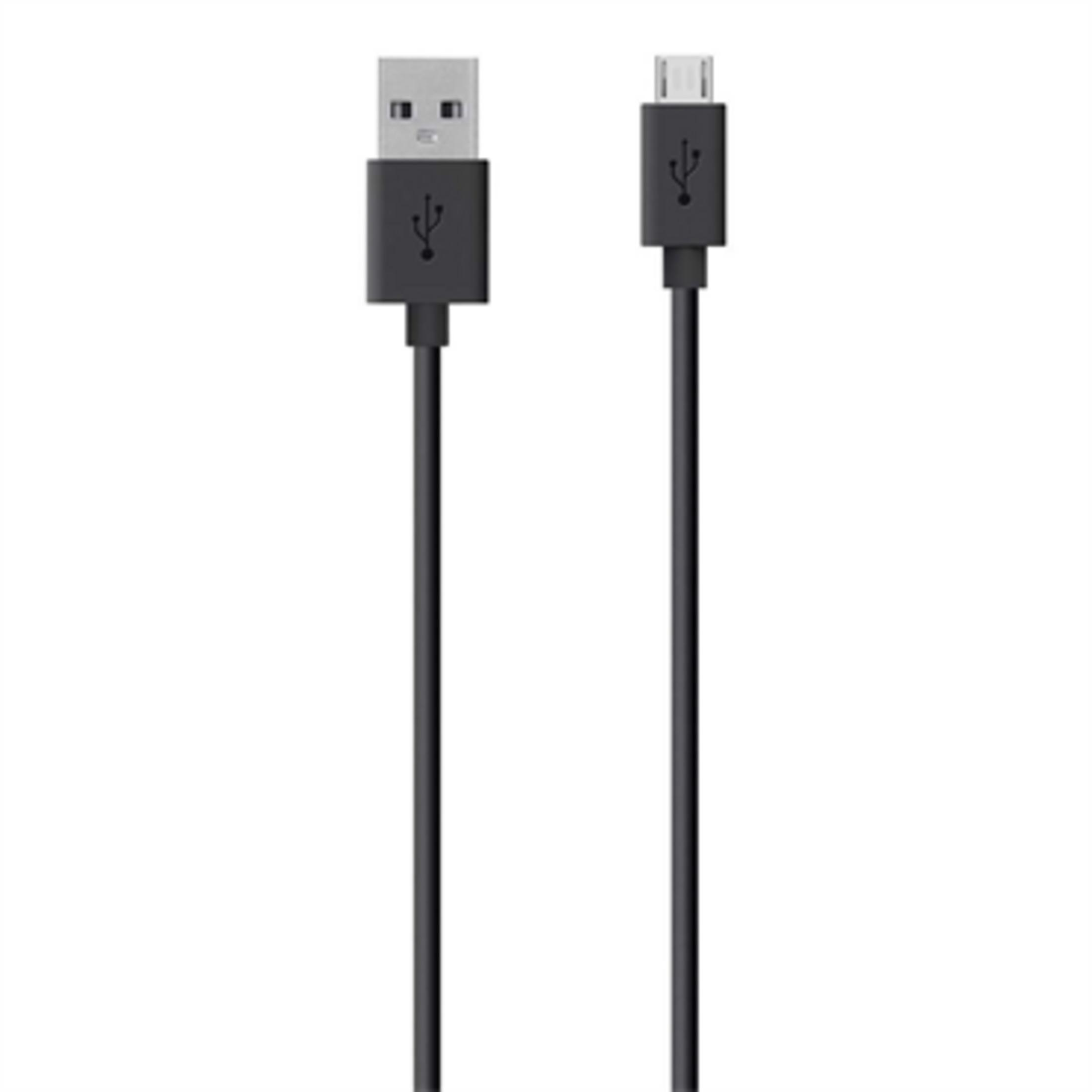 Een zwarte USB-kabel met standaard USB-A en micro USB-aansluitingen.