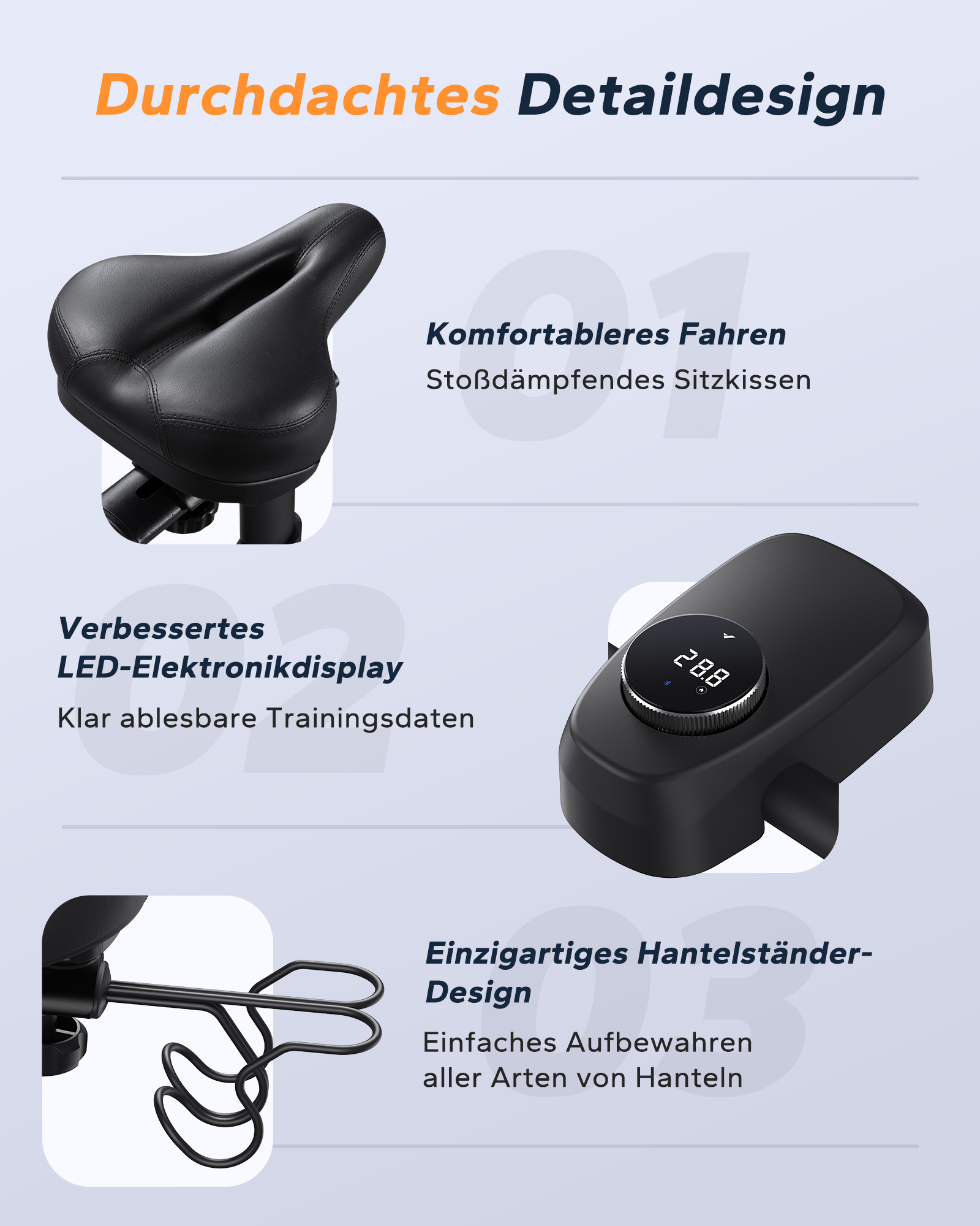 Fahrradsitz, Display, Hantelständer. Durchdachtes Detaildesign.