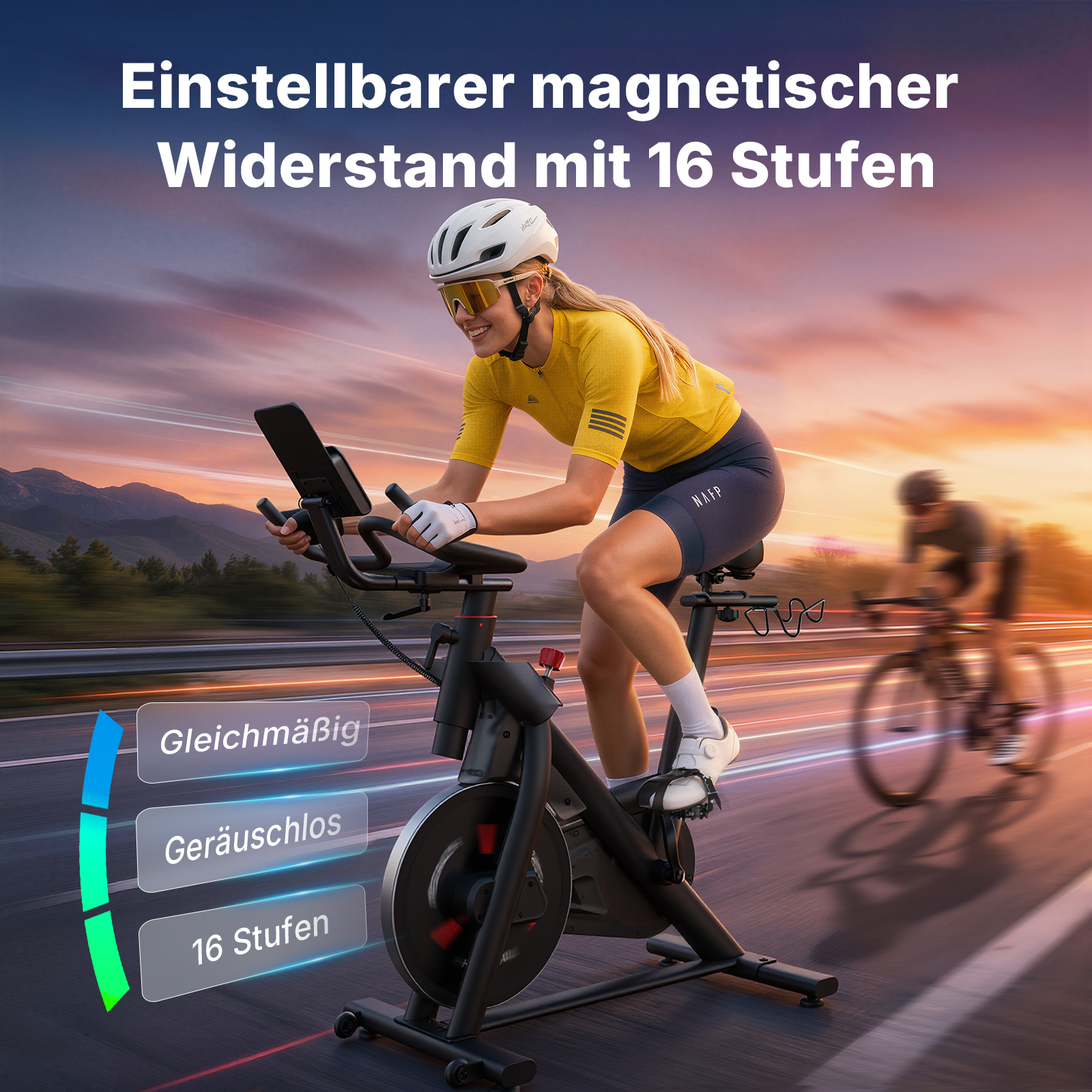 Eine Frau auf einem Indoor-Bike vor einer Landschaft, mit Text über Widerstandsstufen.