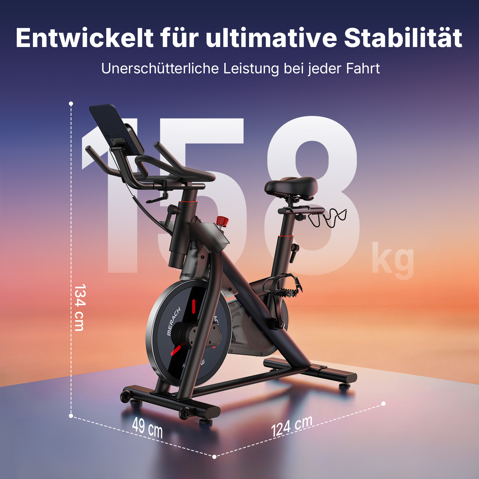 Ein schwarzes Indoor-Fahrrad mit Display, Sitz und Pedalen, Maße angezeigt.