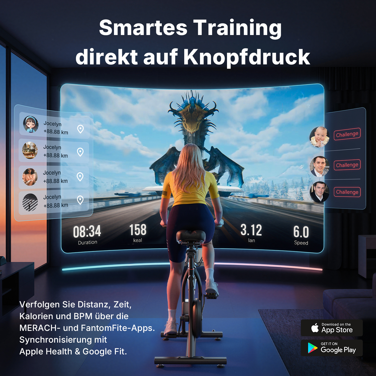 Frau auf Ergometer vor Drachenbildschirm mit Trainingsdaten und Herausforderungen.