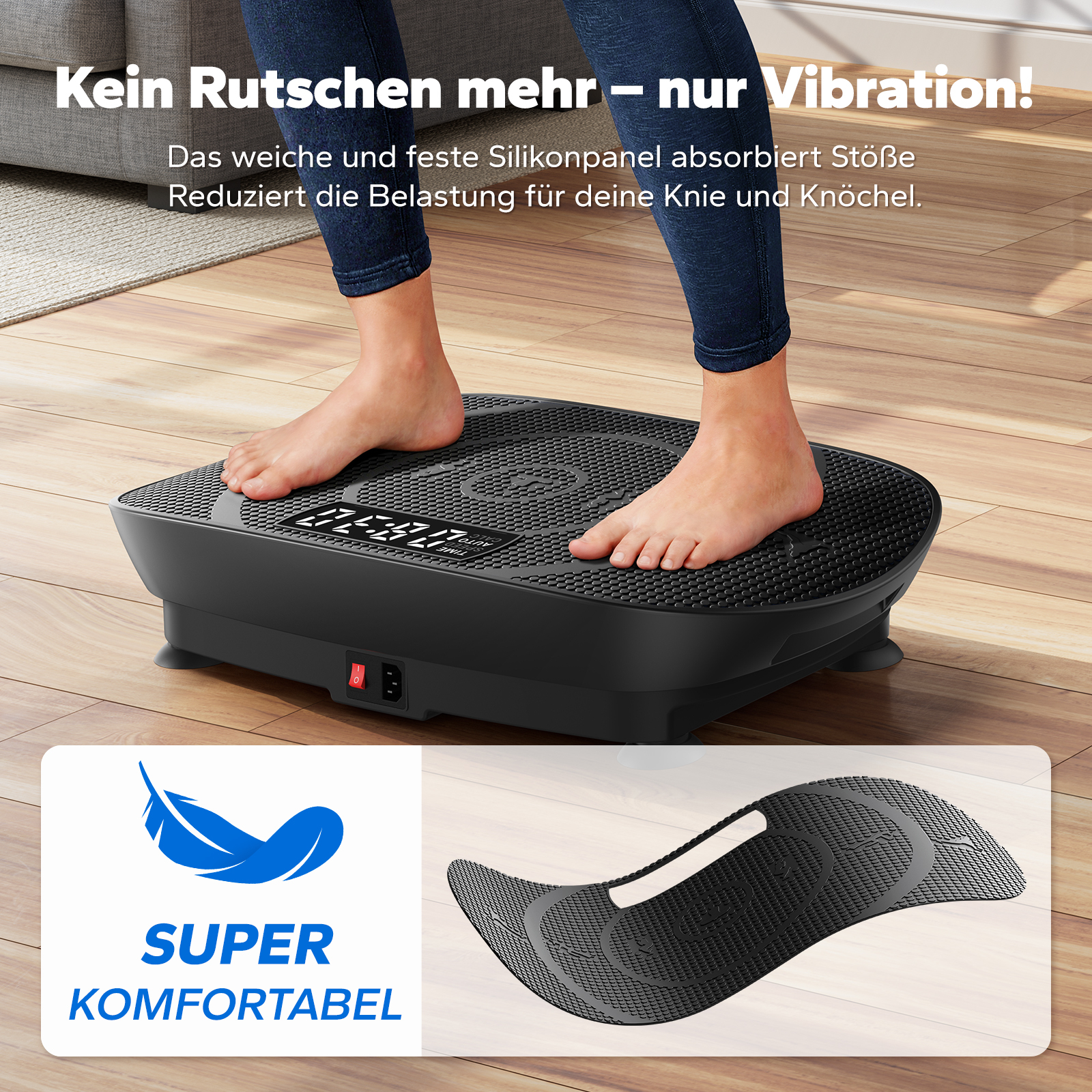 Füße auf schwarzer Vibrationsplatte mit Display. Bequemes Silikonpanel.