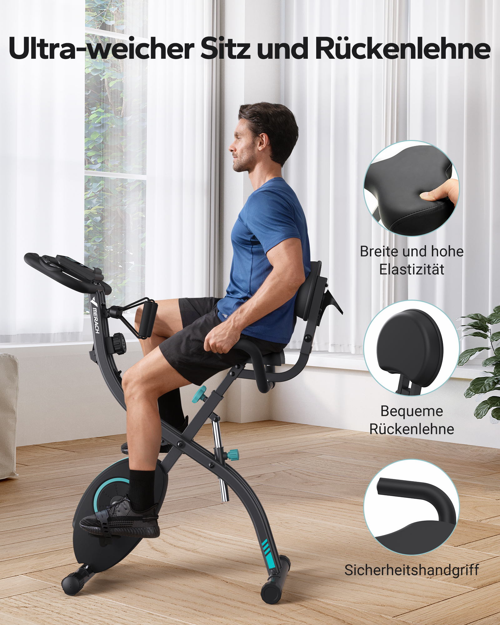 Mann trainiert auf einem schwarzen Heimtrainer mit Rückenlehne. Nahaufnahmen zeigen Sitz, Rückenlehne und Griff.