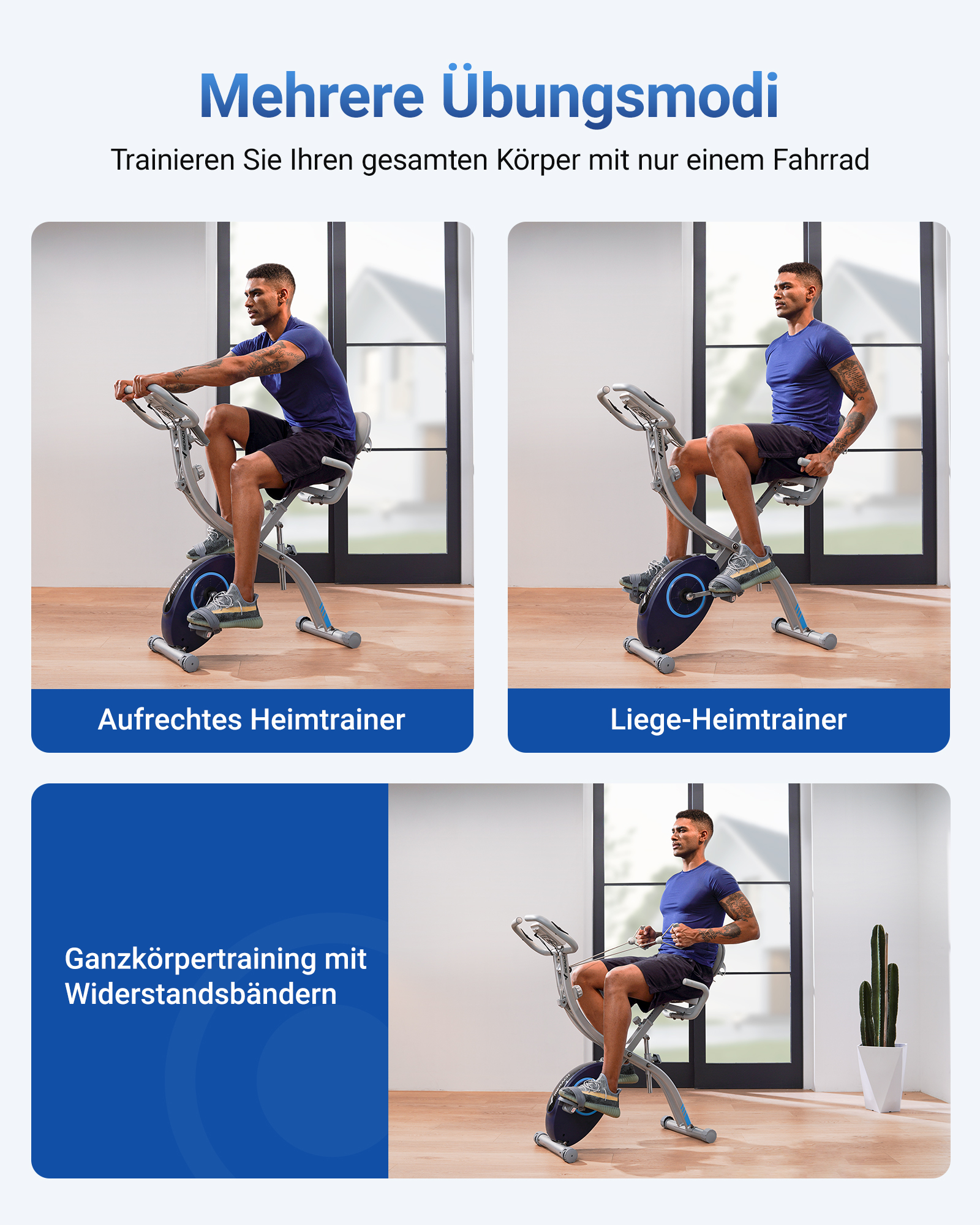 Mann trainiert auf einem Heimtrainer in drei Modi: aufrecht, liegend, mit Widerstandsbändern.