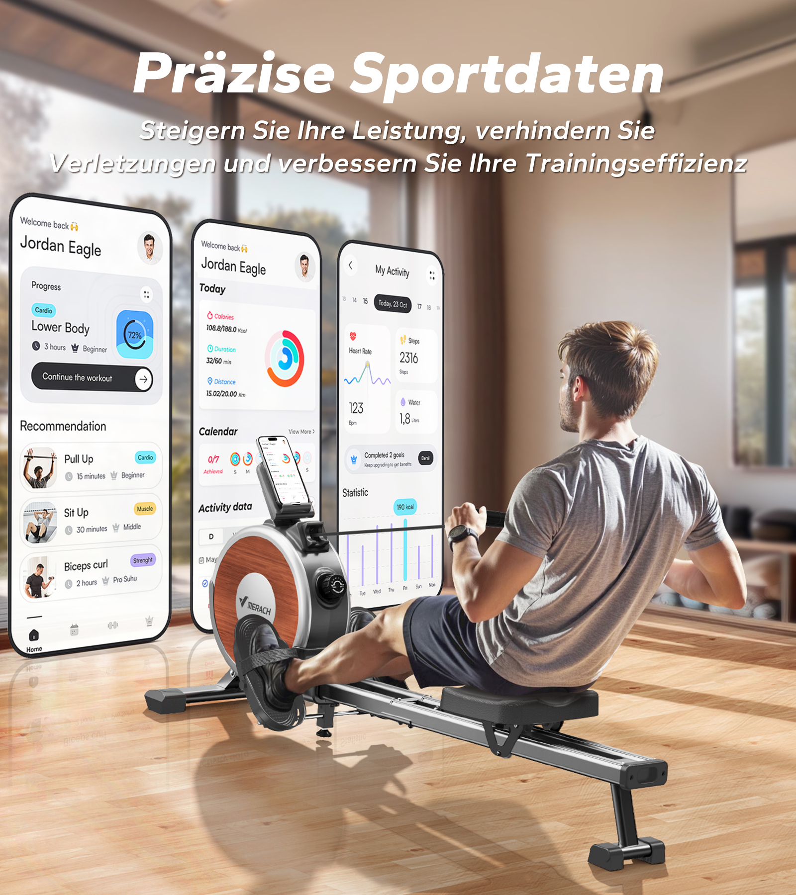 Mann rudert auf einem Ergometer, daneben drei Smartphone-Bildschirme mit Fitness-Apps.