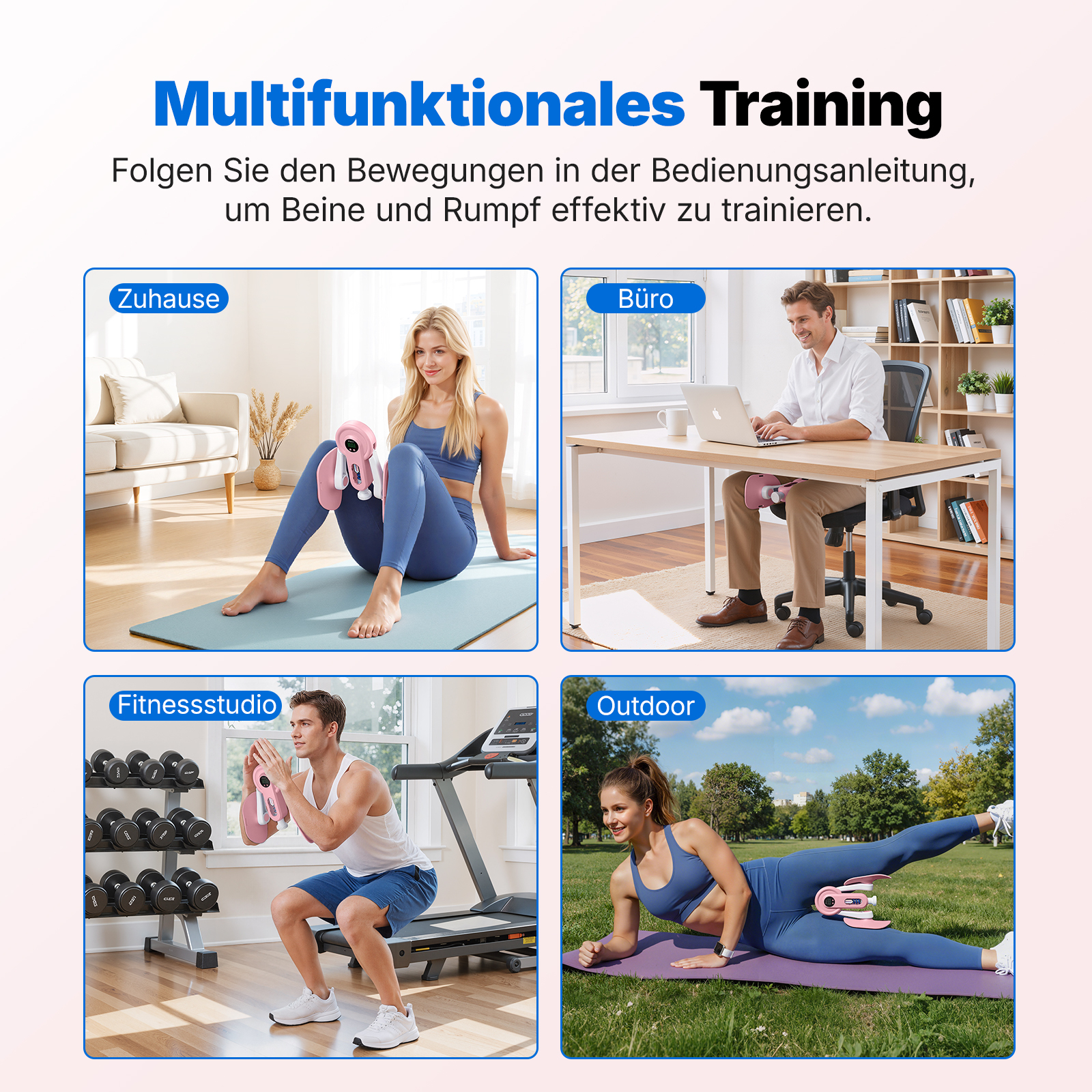 Vier Szenen zeigen Training zu Hause, im Büro, im Studio und draußen.