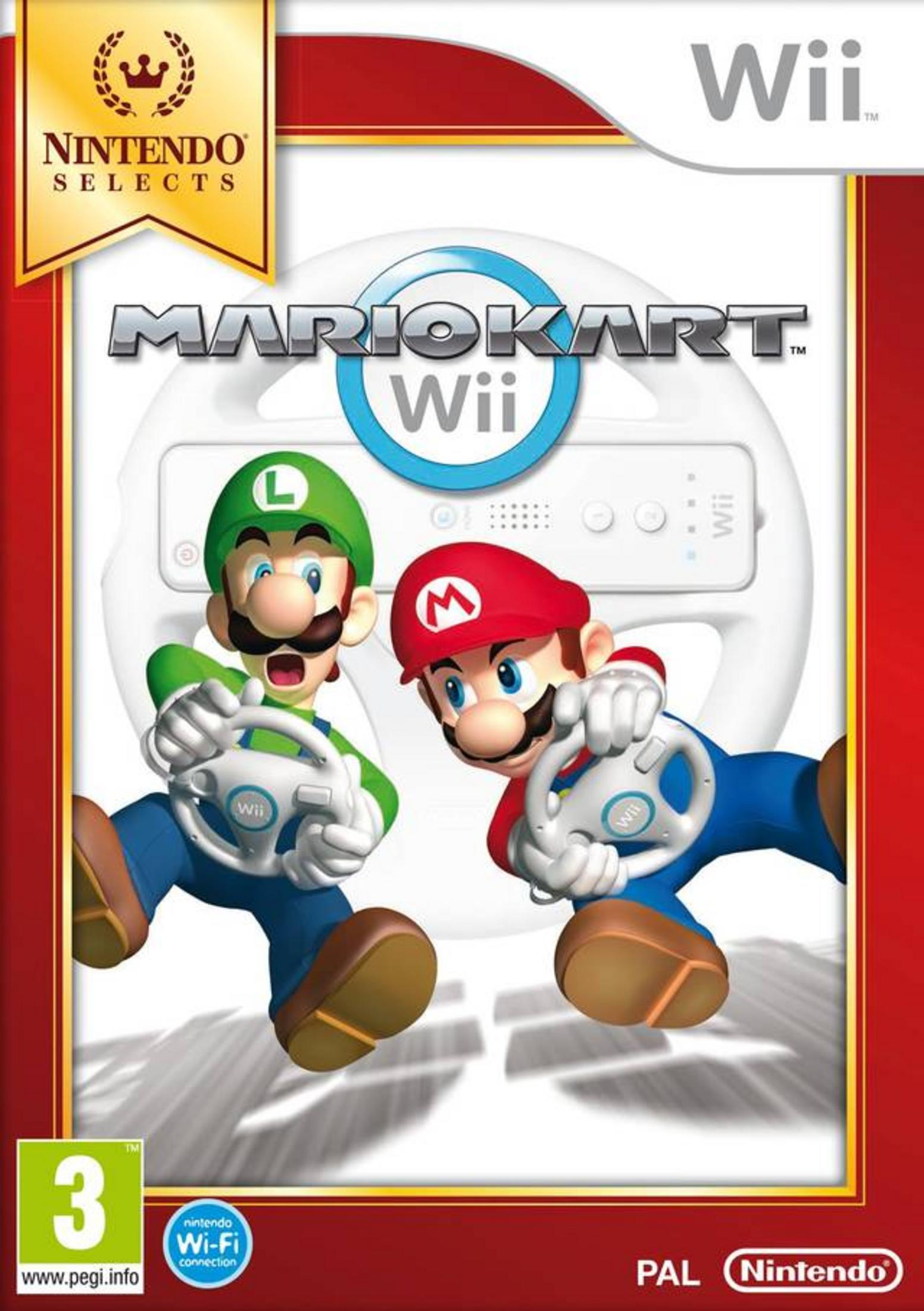 Mario and Luigi race in Mario Kart Wii, holding steering wheels. Nintendo Selects logo.