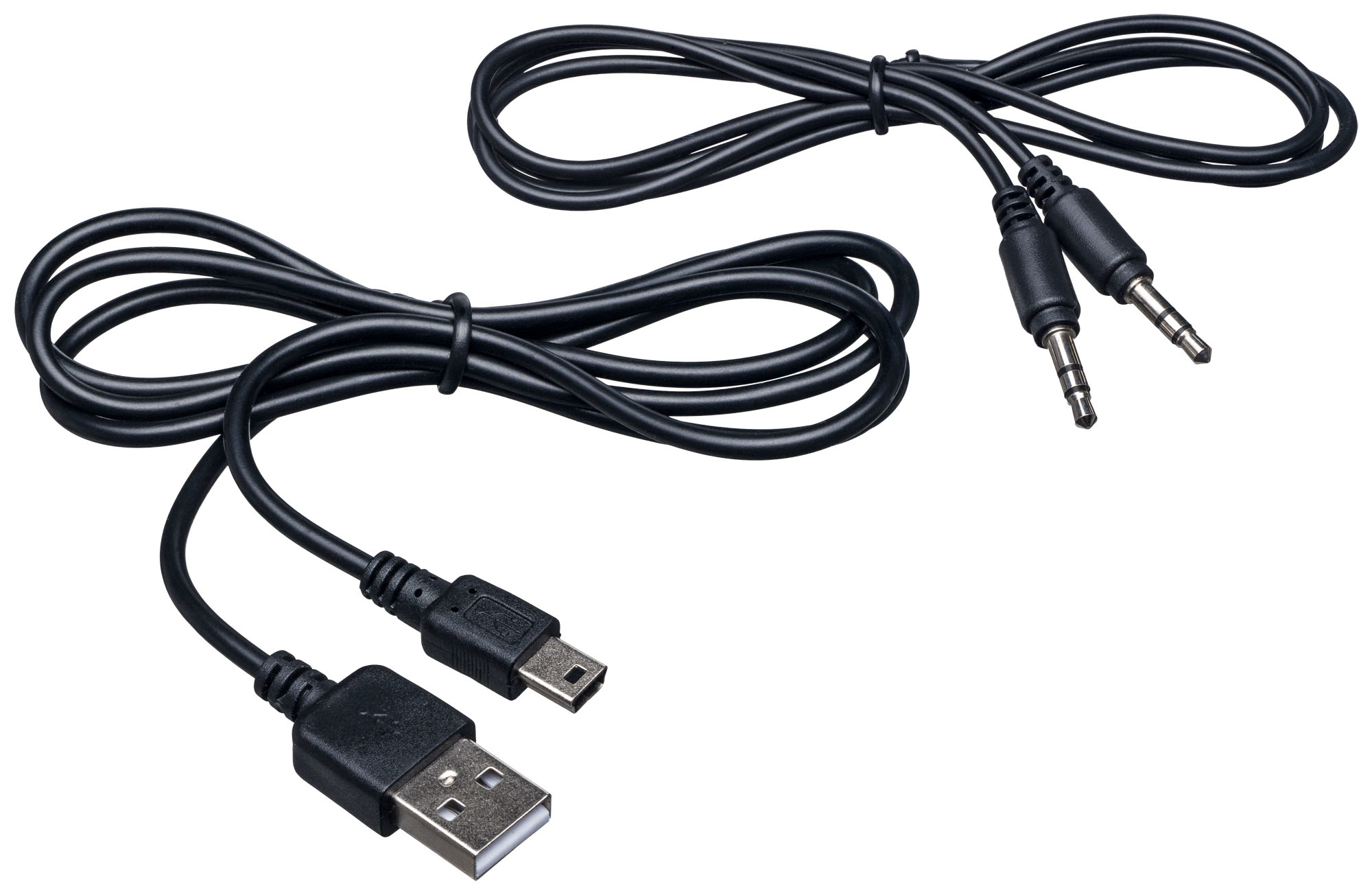 Due cavi neri con vari connettori: USB, Micro-USB e due jack audio da 3,5 mm.