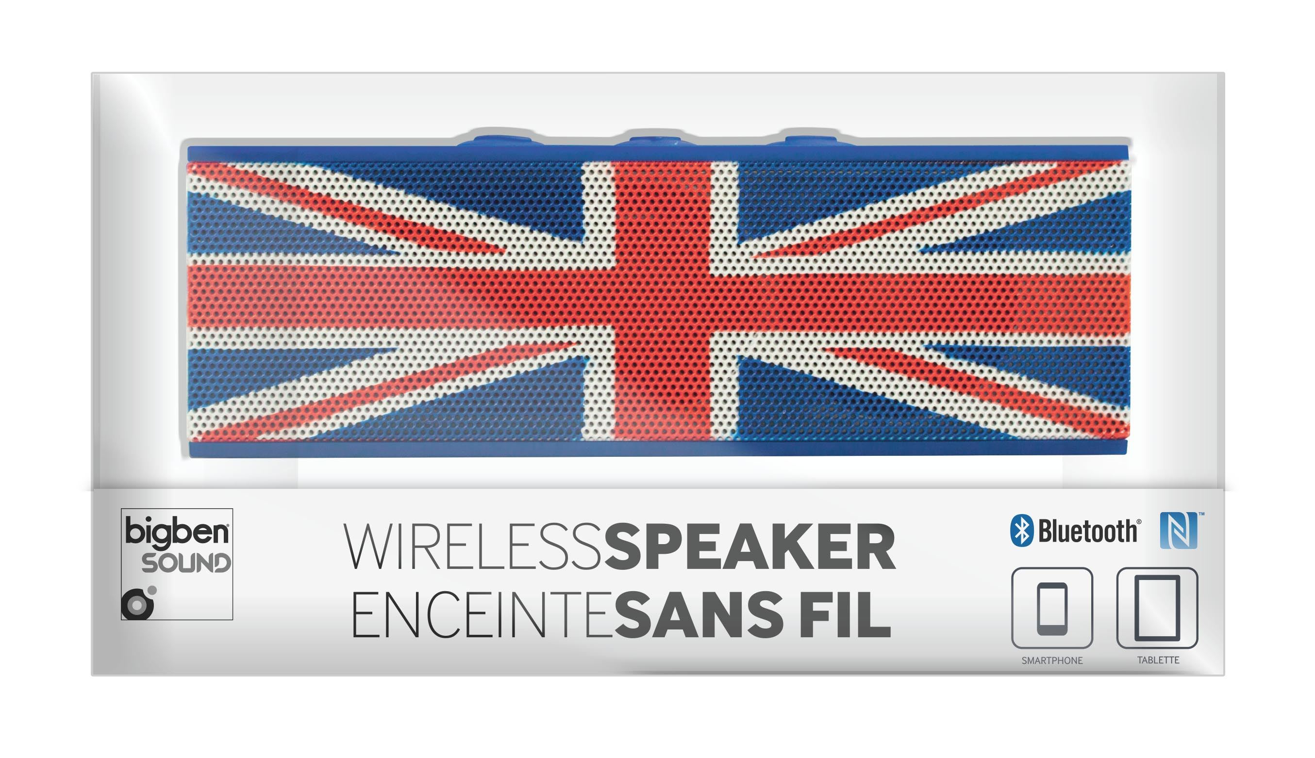 Un altoparlante blu con design Union Jack, in confezione.