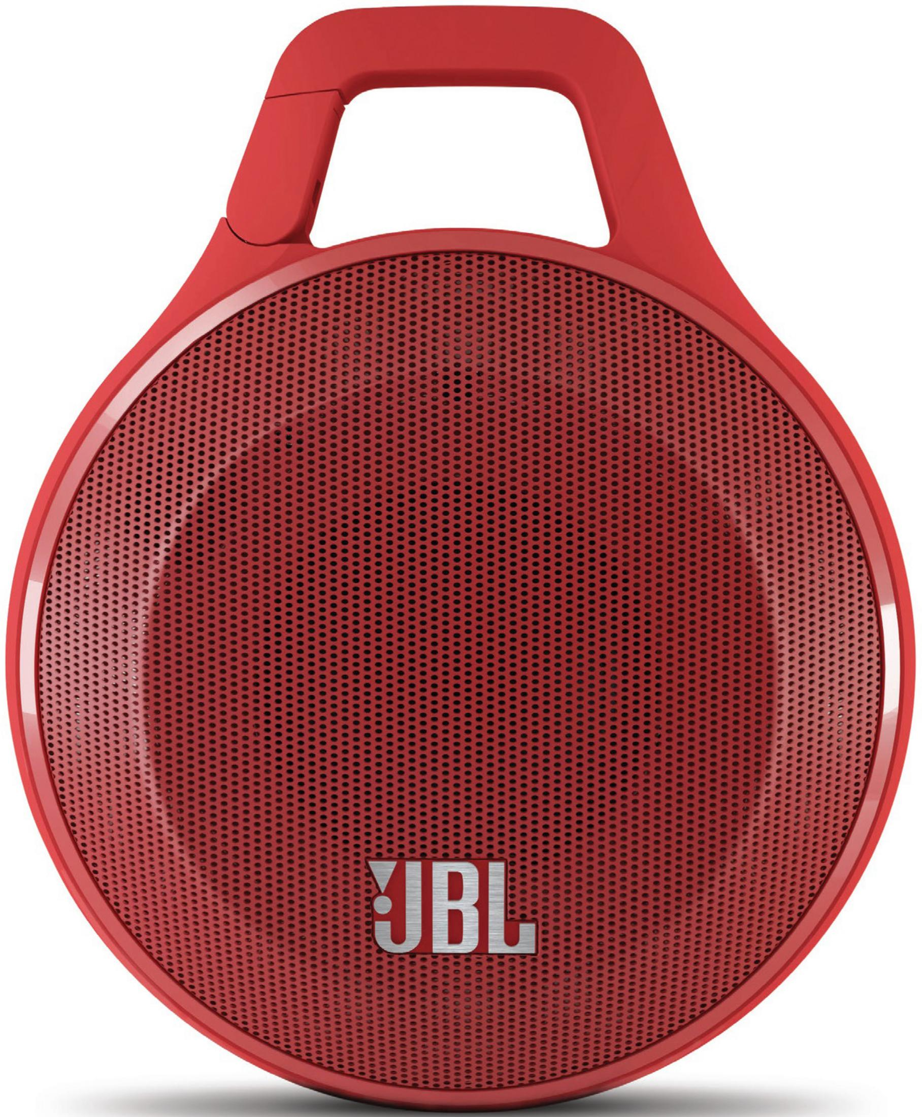 Rote JBL-Bluetooth-Box mit integriertem Haken, weiße Schrift auf dem Gitter.