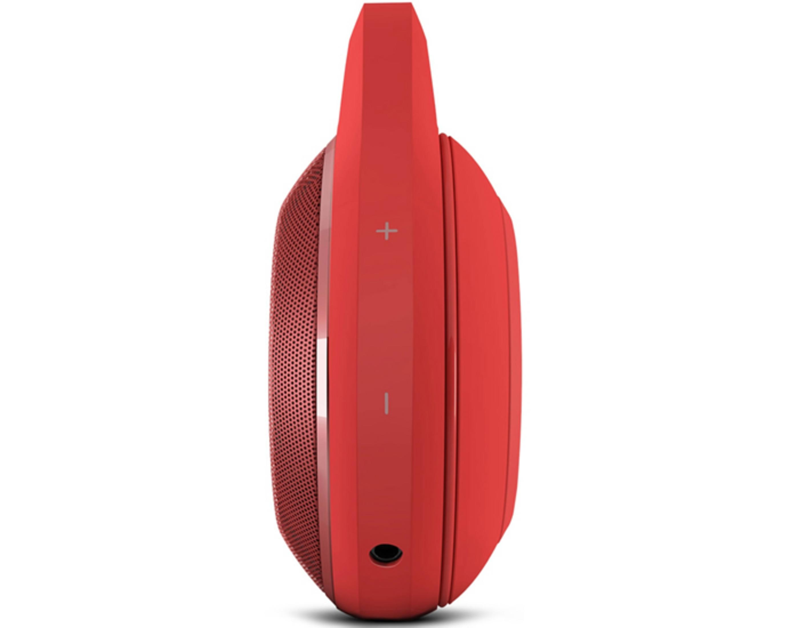 Roter, ovaler Bluetooth-Lautsprecher mit Lautstärketasten und Ladeanschluss.