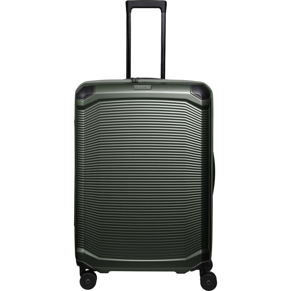 Grüne Hartschalen-Reisetasche mit ausziehbarem Griff und Rollen.
