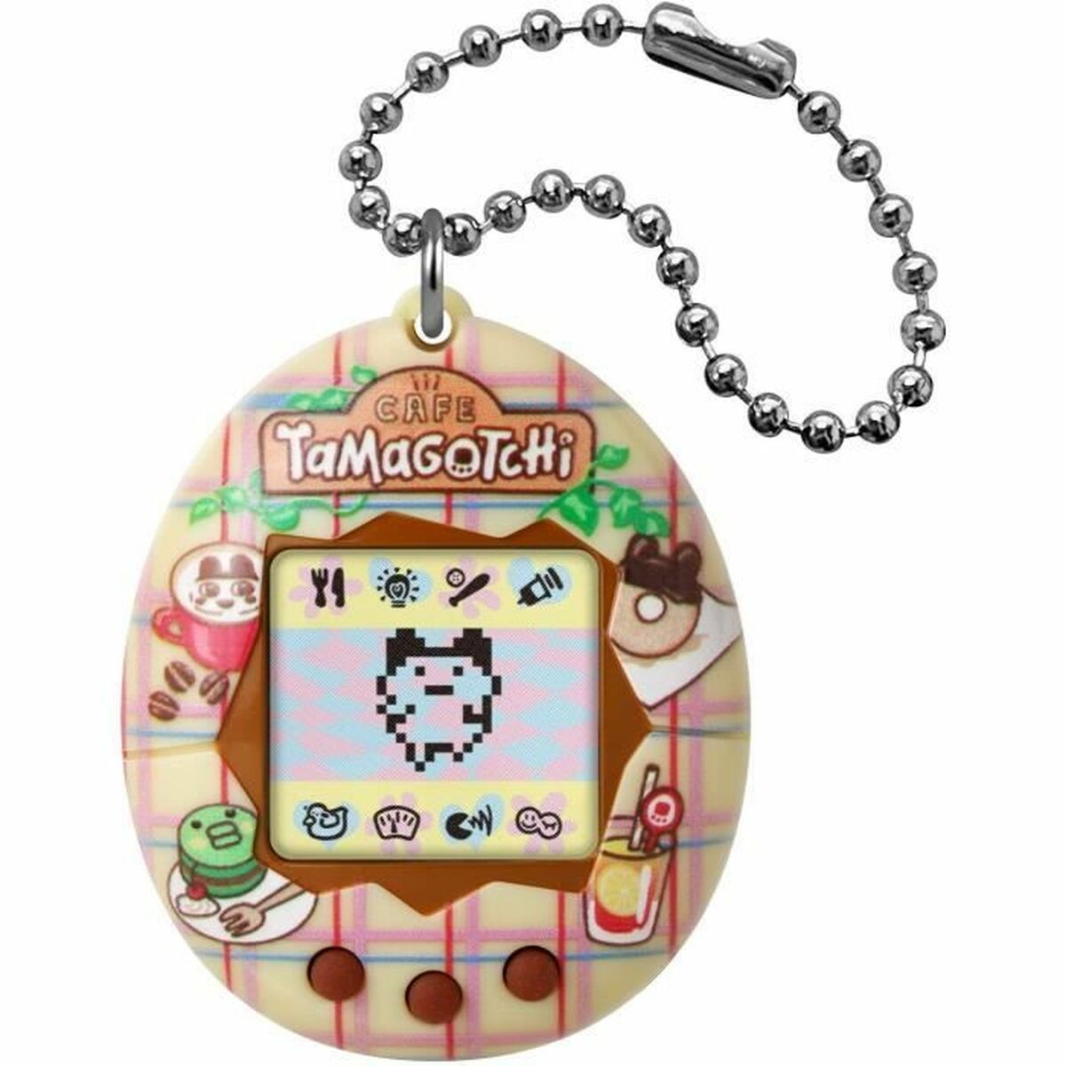 Ein Tamagotchi-Schlüsselanhänger im Café-Stil mit Pixelkunst eines Charakters und von Lebensmitteln.