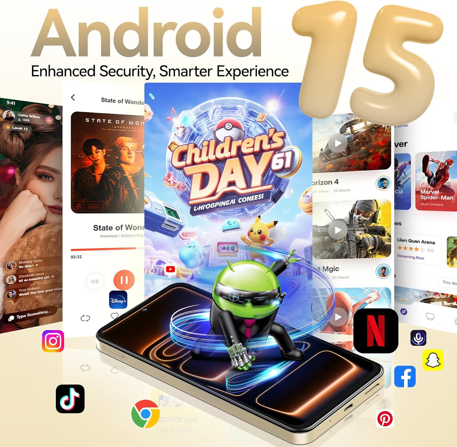 Android 15 con iconos de apps como Netflix y Disney+. Un logo verde de Android baila.