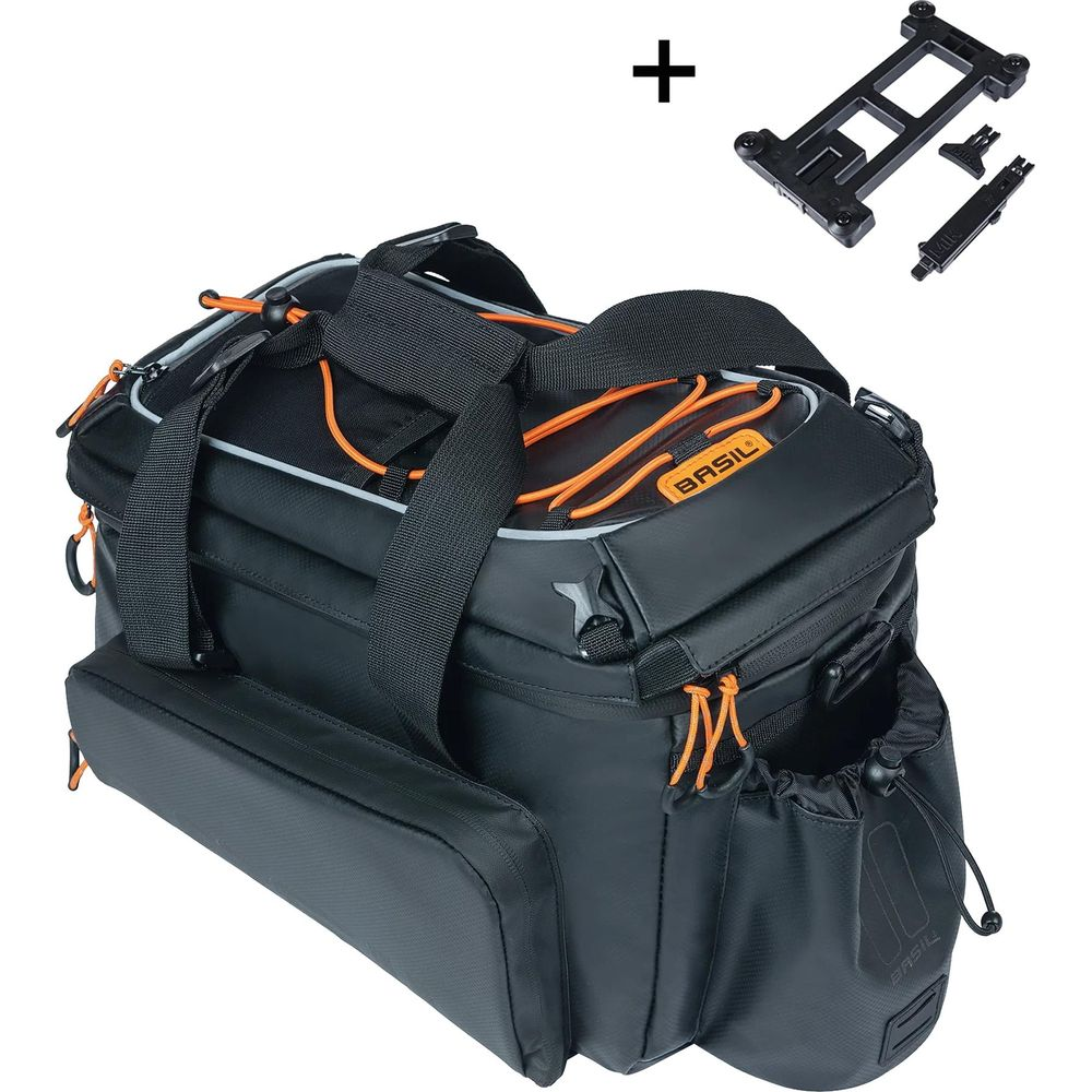 Schwarze Fahrradtasche mit orangen Akzenten und Befestigungsmaterial auf weißem Grund.