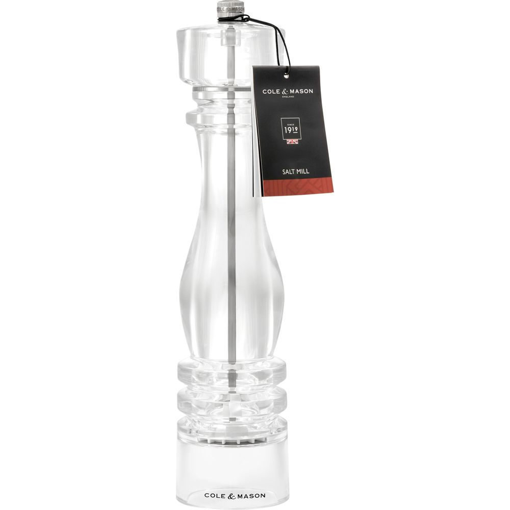 Transparente Salzmühle von Cole & Mason mit silbernem Mahlwerk und Etikett.
