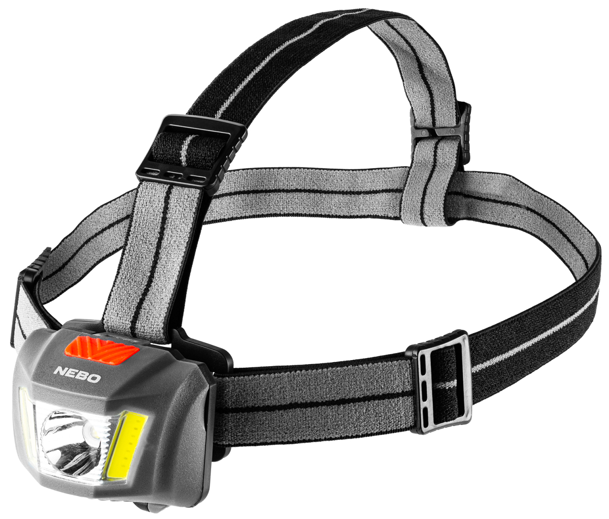Graue Nebo-Stirnlampe mit verstellbaren schwarz-grauen gestreiften Gurten und orangefarbenem Knopf.