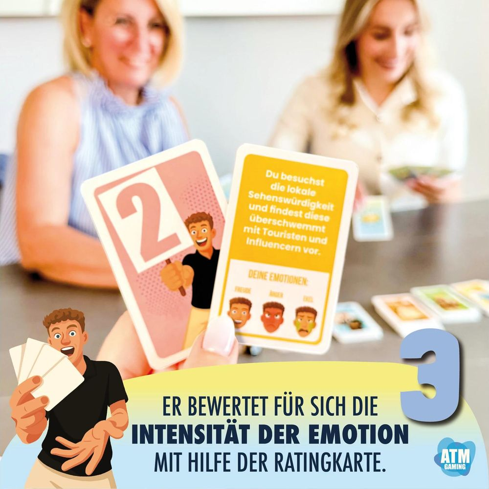 Spieler bewertet Emotionen auf Karten mit einer "2" und zeigt eine Karte mit Emotionen.