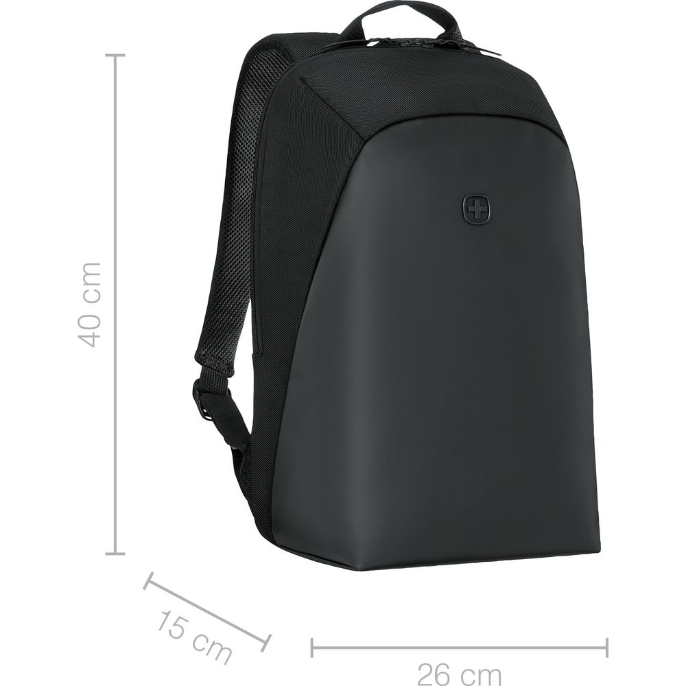 Schwarzer Rucksack mit gepolsterten Trägern und einem silbernen Kreuz-Logo.