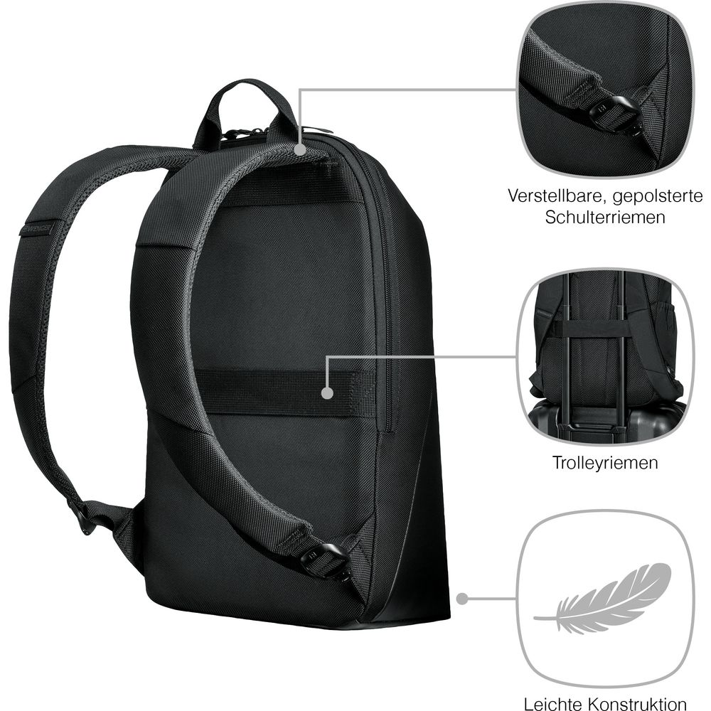 Schwarzer Rucksack mit verstellbaren Schultergurten und Trolleygurt.