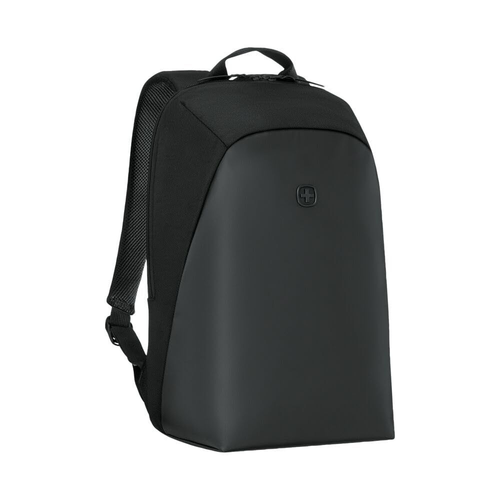 Schwarzer Rucksack mit gepolsterten Trägern und einem Logo auf der Vorderseite.