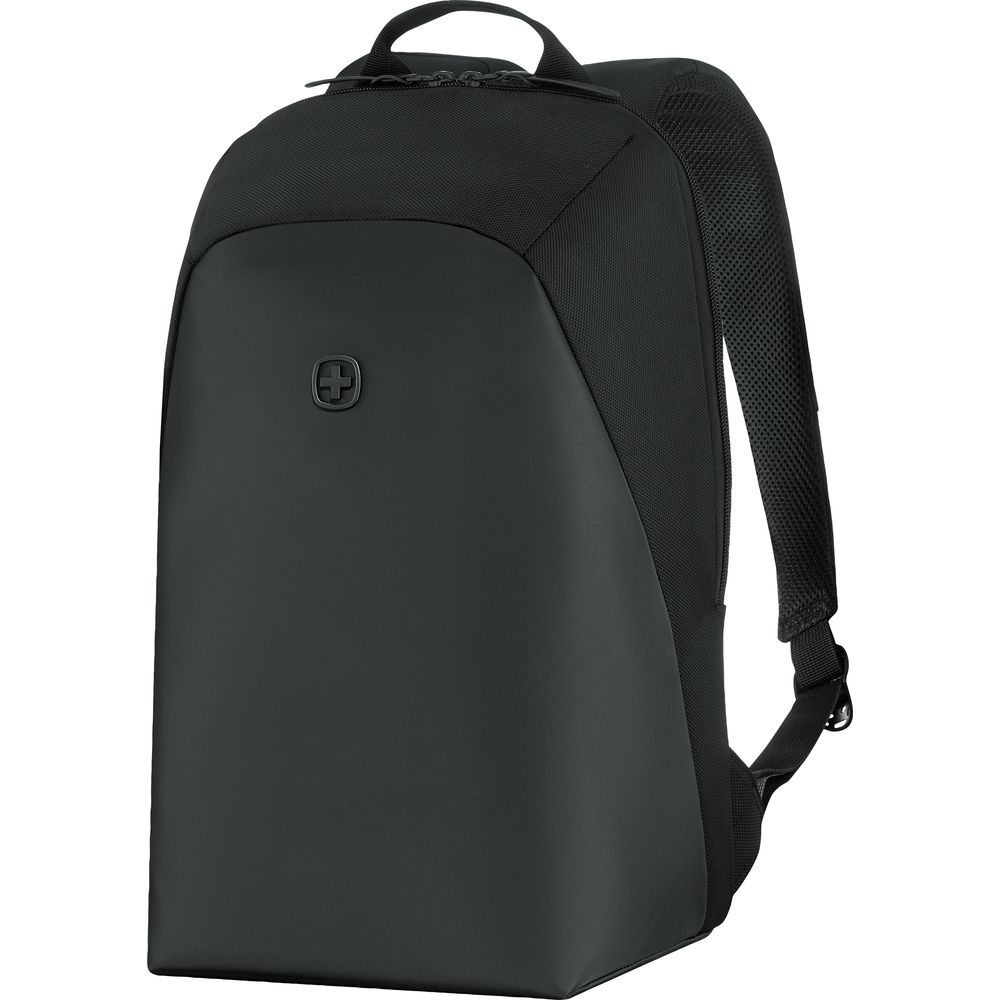 Schwarzer Rucksack mit gepolsterten Trägern und einem Kreuzlogo auf der Vorderseite.