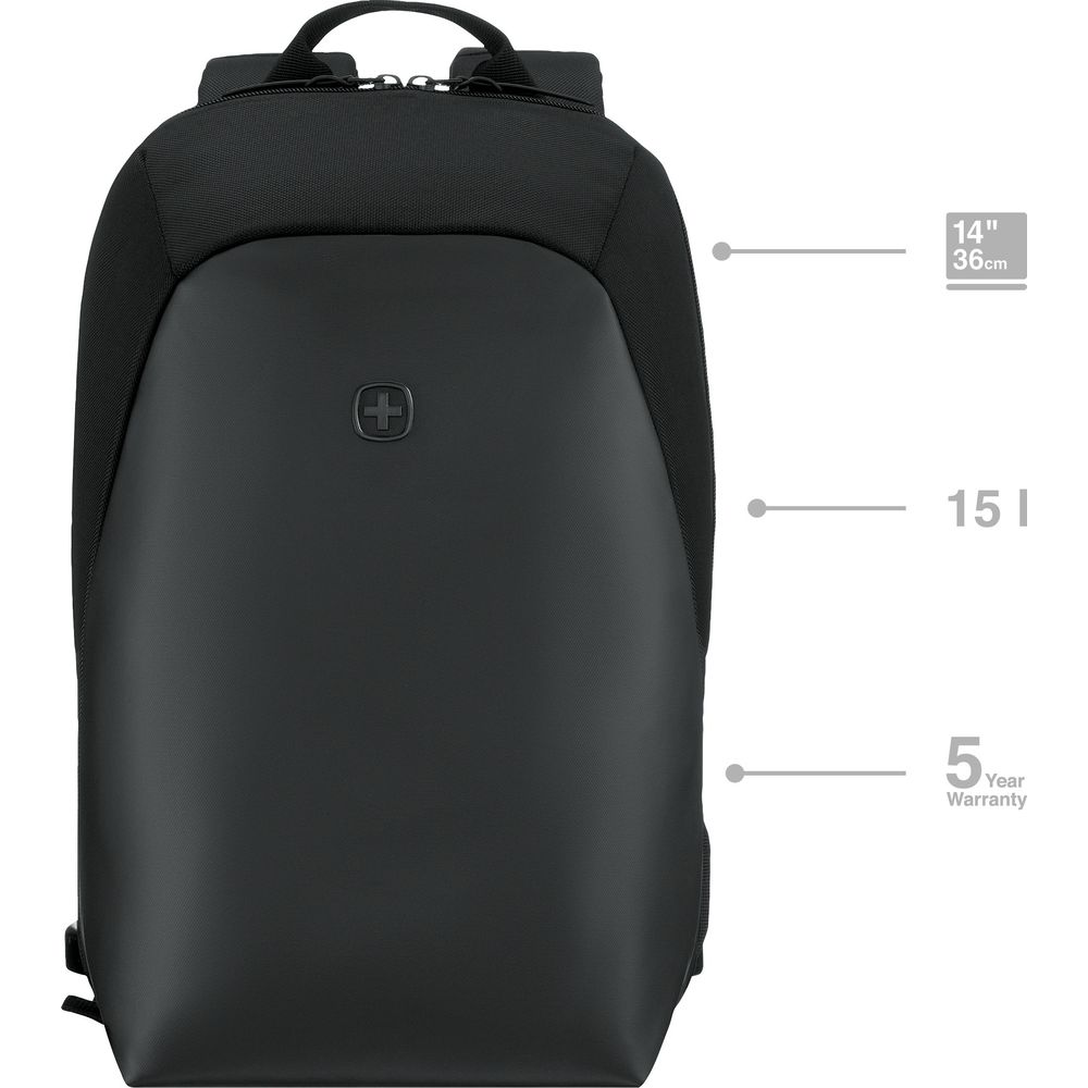 Schwarzer Rucksack mit Swiss-Logo, 14 Zoll, 15 l Fassungsvermögen, 5 Jahre Garantie.