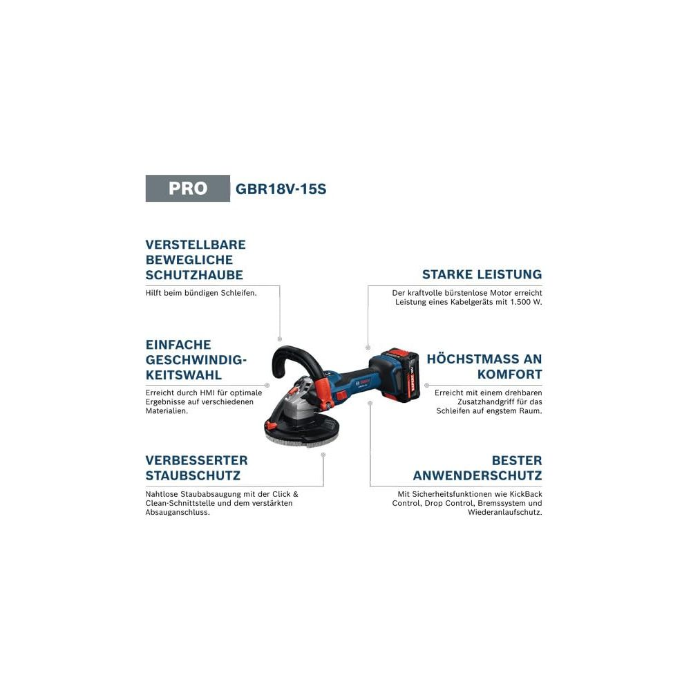 Bosch GBR18V-15S Winkelschleifer mit verstellbarer Haube, starker Leistung, HMI und Staubschutz.