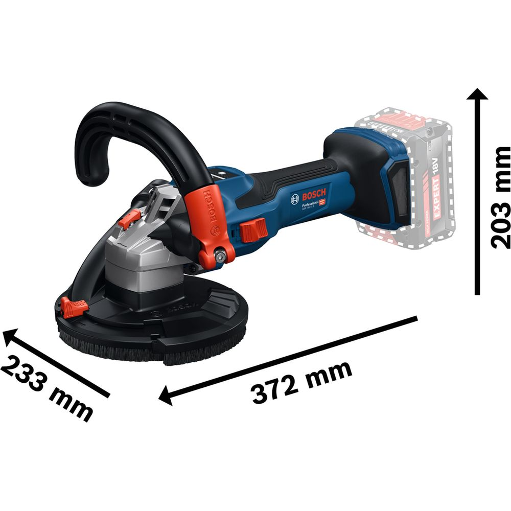 Bosch Winkelschleifer mit Akku, 372mm L x 233mm B x 203mm H.