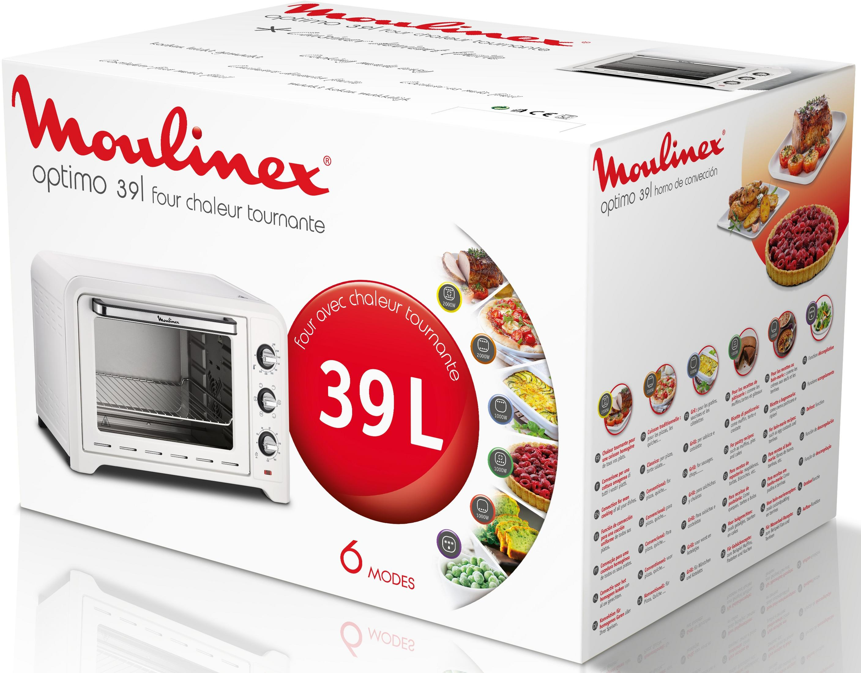Moulinex Optimo 39L Ofen mit Kochbuch-Illustrationen und Produktbildern.