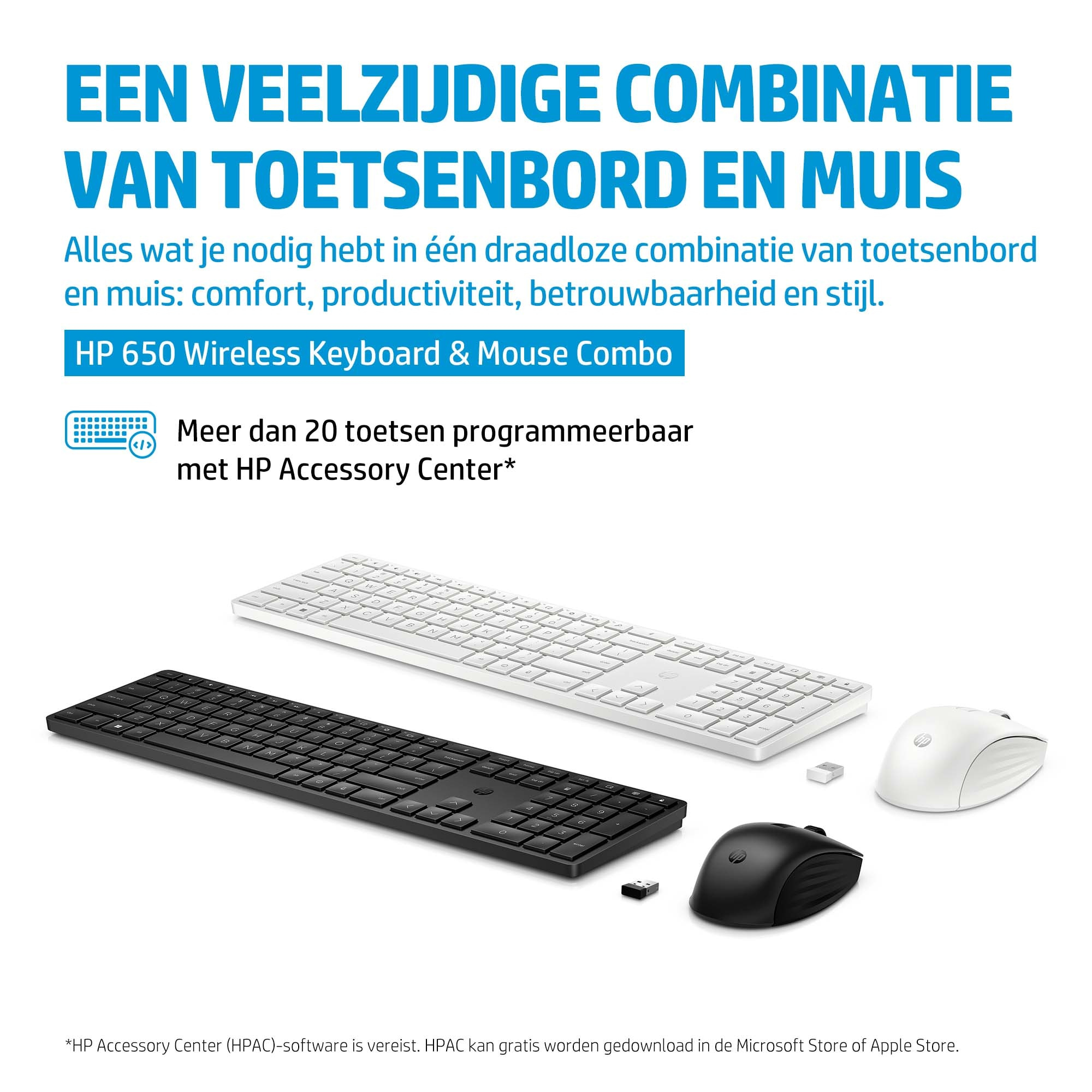 HP 650 Wireless Keyboard & Mouse Combo mit schwarzen und weißen Tastaturen und Mäusen.