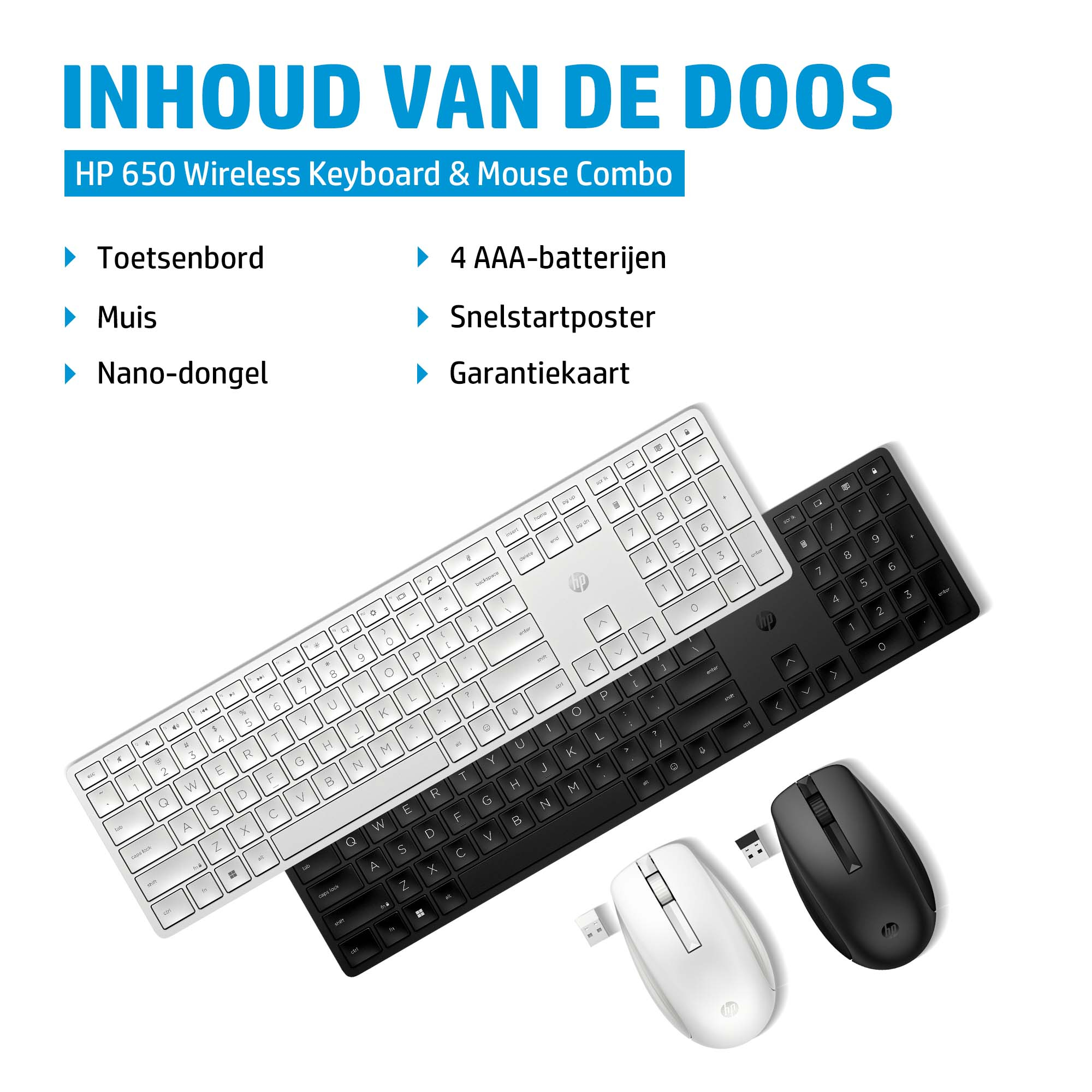 HP 650 Tastatur- und Maus-Set, weiß und schwarz, mit Zubehör.