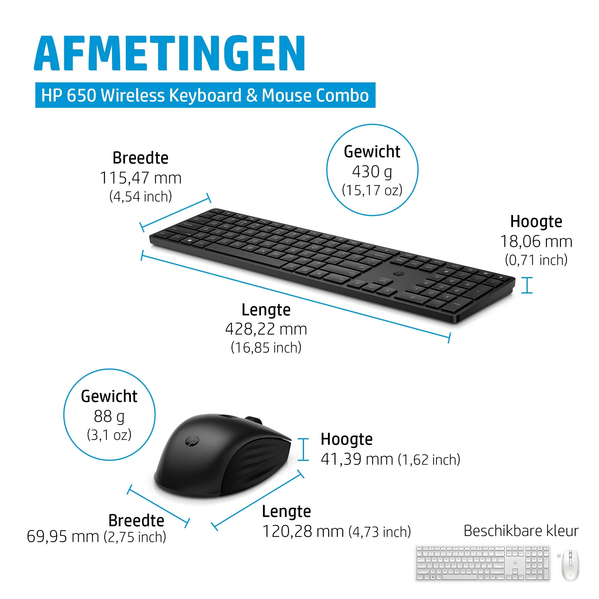 Schwarze Tastatur und Maus mit Maßen und Gewichten.
