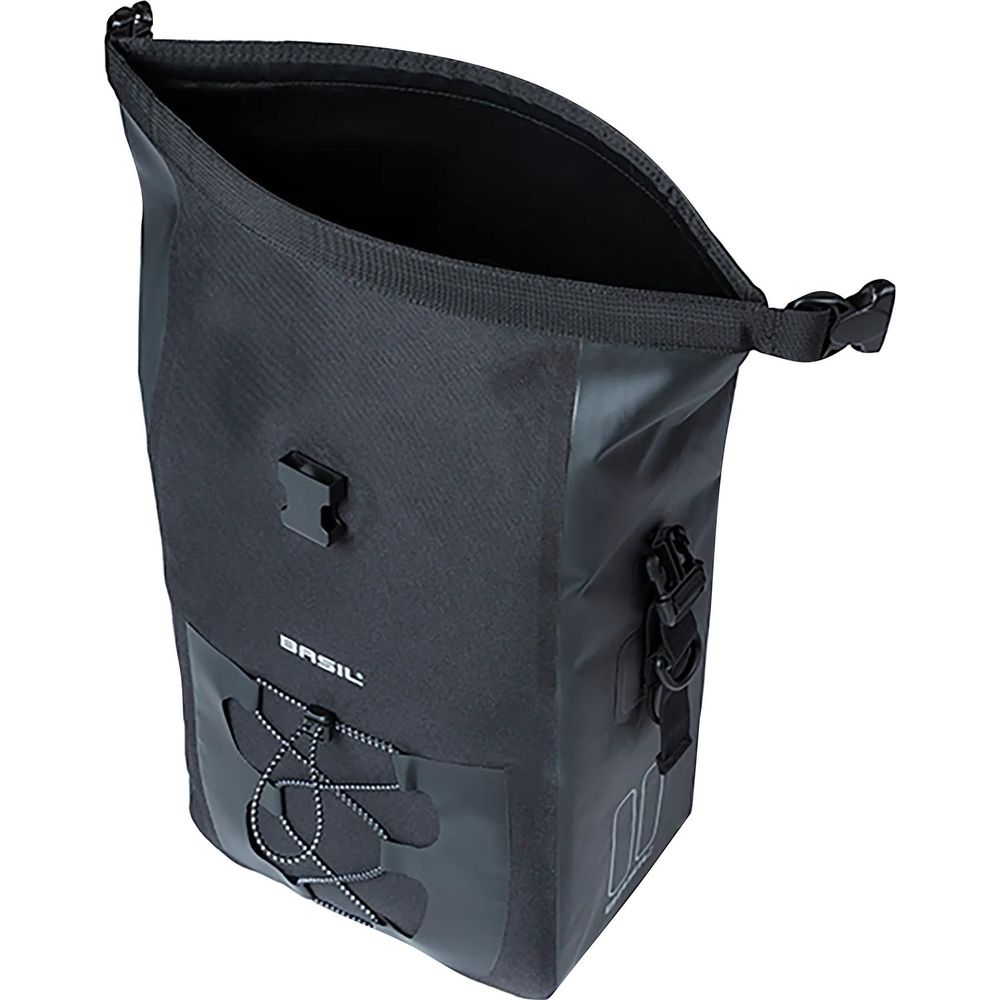 Bolsa de bicicleta negra impermeable con cordón y cierre de hebilla. Tela y goma.