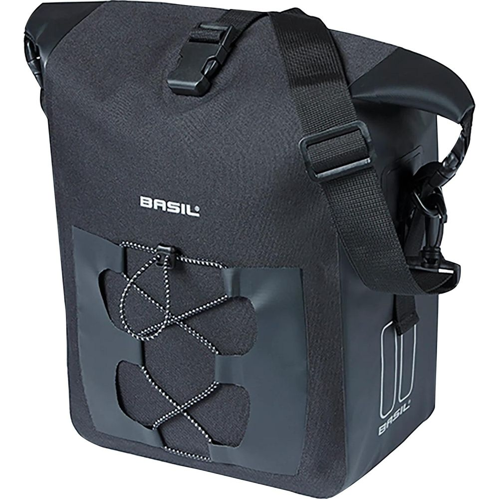 Bolso de bicicleta negro con correa ajustable y cierre de hebilla.