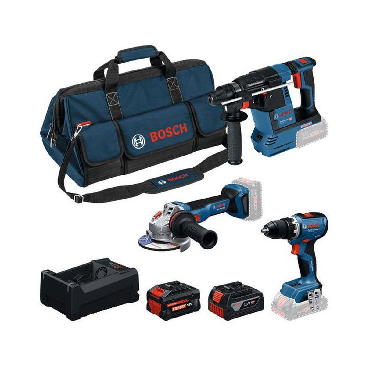 Bosch Werkzeuge: Bohrhammer, Schleifer, Bohrer, Akkus, Ladegerät, Tasche.